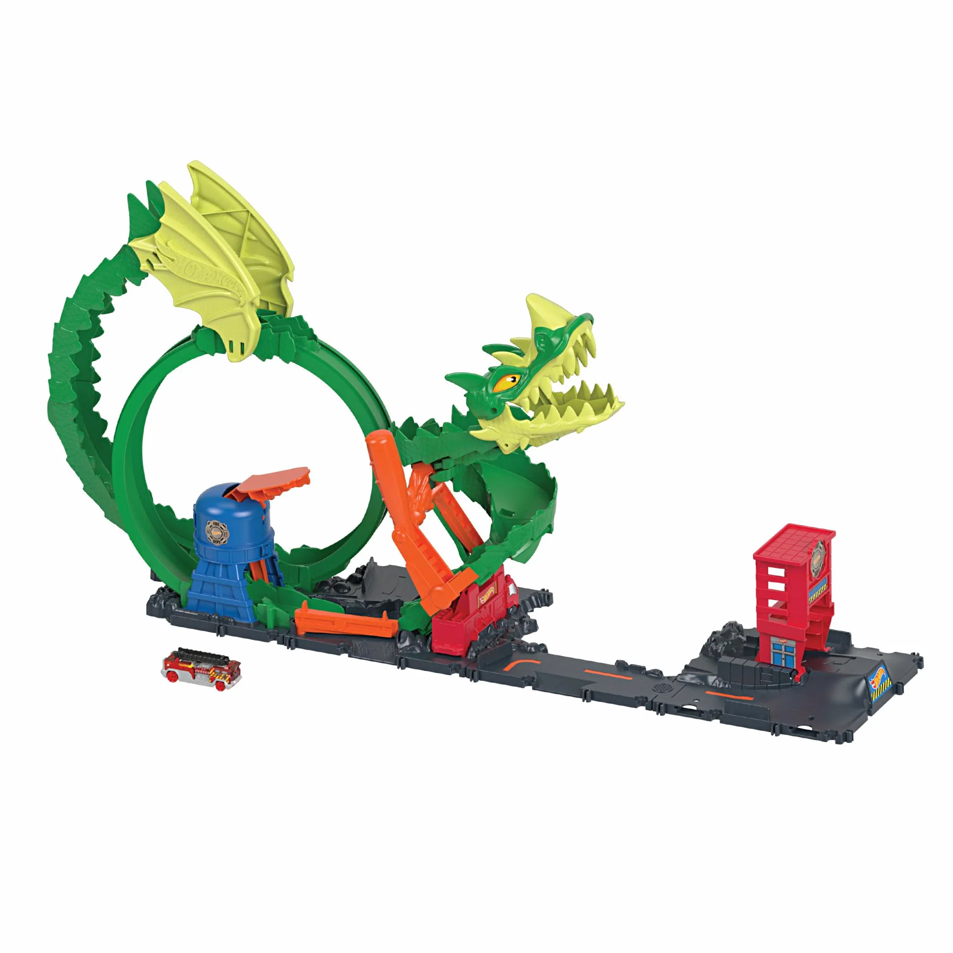 Hot Wheels Tor wyścigowy Pętla smoka Zestaw do zabawy z wyzwaniami kaskaderskimi i 1 samochodzikiem Hot Wheels, zabawka łączy się z innymi zestawami, świetny prezent dla dzieci od 5 lat, HJV70