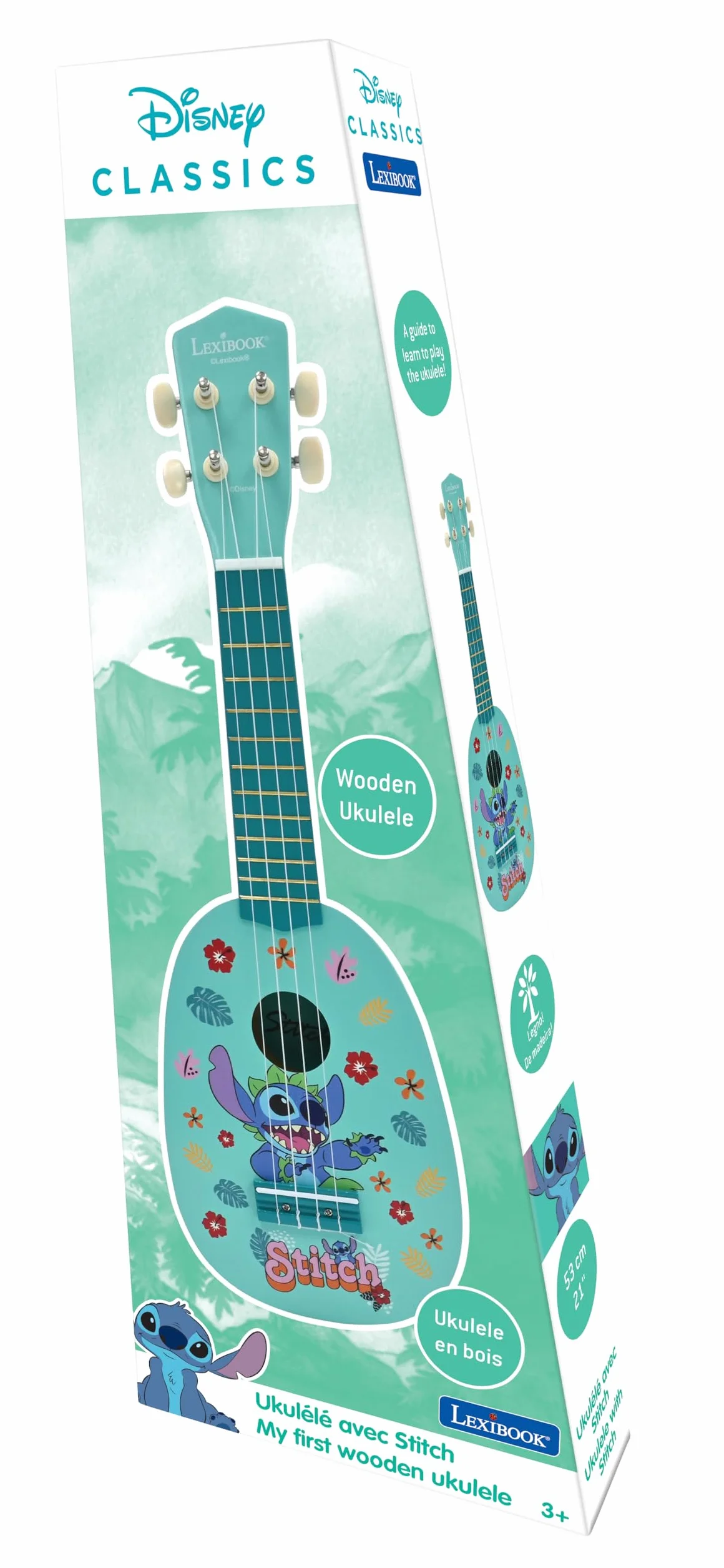 Lexibook, Disney Stitch, Moje Pierwsze Drewniane Ukulele, 4 Struny Nylonowe, 53 cm, Przewodnik w Zestawie, Niebieski, K230D