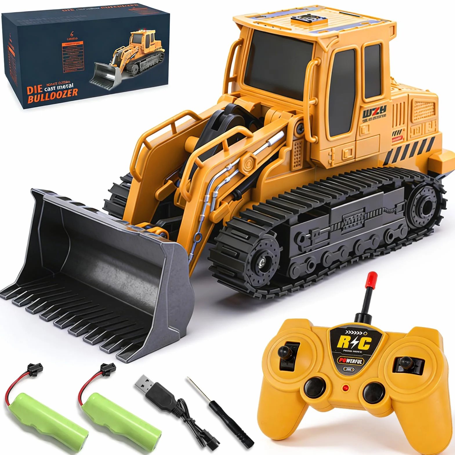 Jiakora Zdalnie sterowany buldożer, 2,4 GHz RC samochód traktor ciężarówka, ładowarka kołowa zdalnie sterowana światłem i dźwiękiem, 2 akumulatory 60 minut, koparka, pojazdy na placu budowy, zabawka