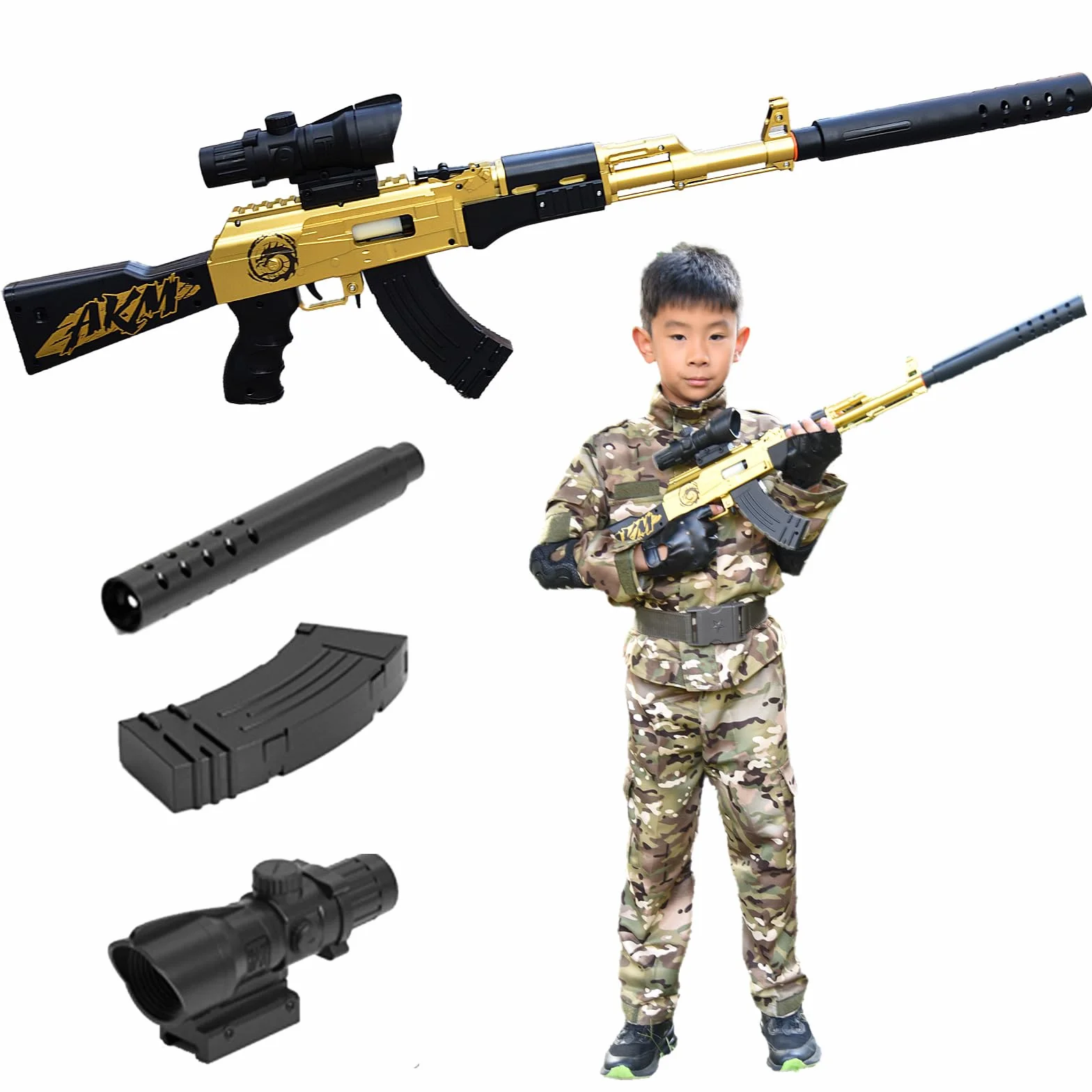 AKM Wyrzutnia łusek Soft-Head pistolet zabawkowy dla dzieci | Zdejmowany model | W zestawie 5 pocisków Soft-Head | Bezpieczny rewolwer zabawkowy o realistycznym wzornictwie (złoty)