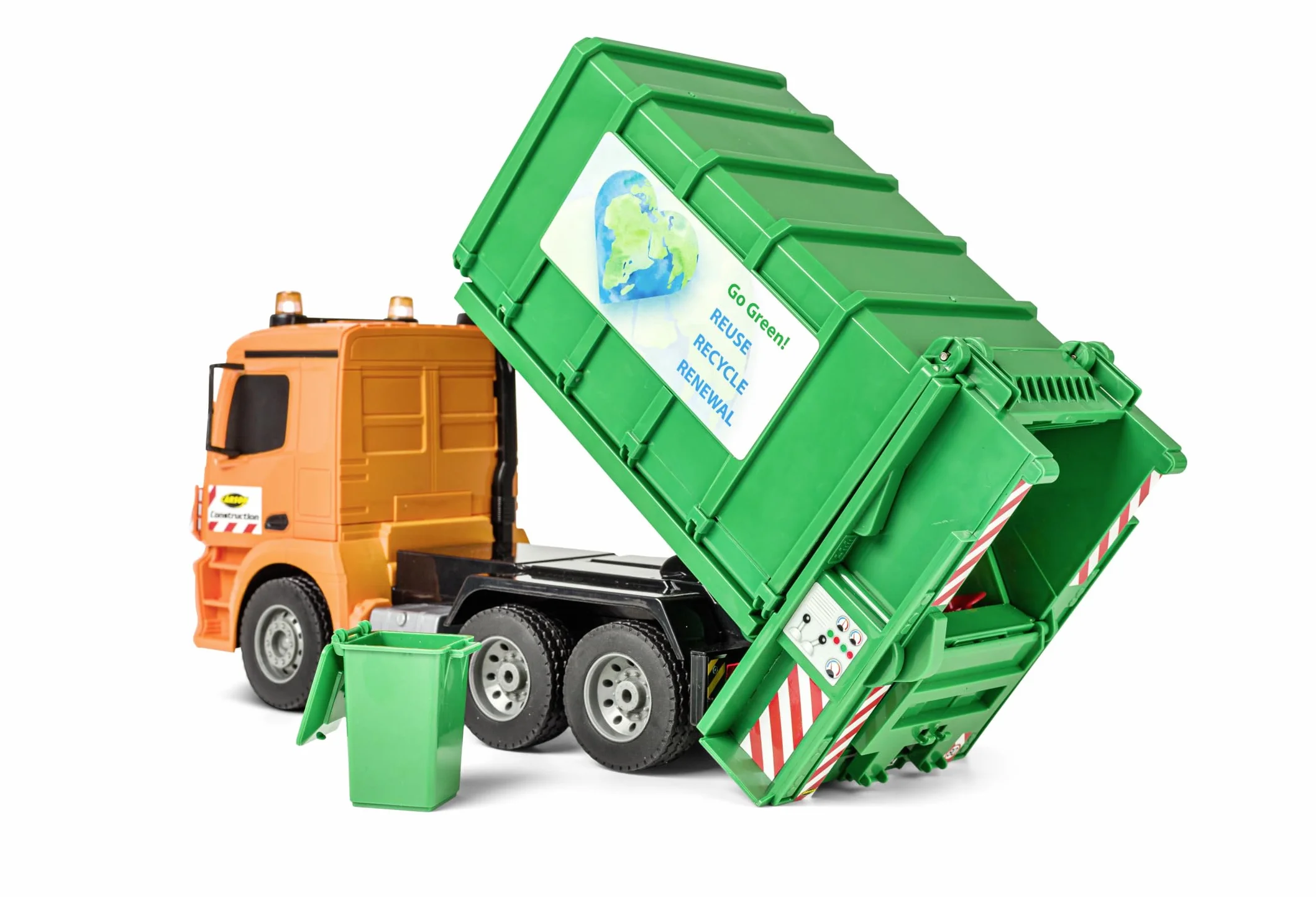 Carson 500907672 Arocs śmieciarka, 1:20 MB, 100% RTR – 100% gotowa do jazdy, zabawka, samochód zabawkowy, zdalnie sterowana śmieciarka, dla dzieci od 8 lat, czas jazdy ok. 30 min, kolor zielony
