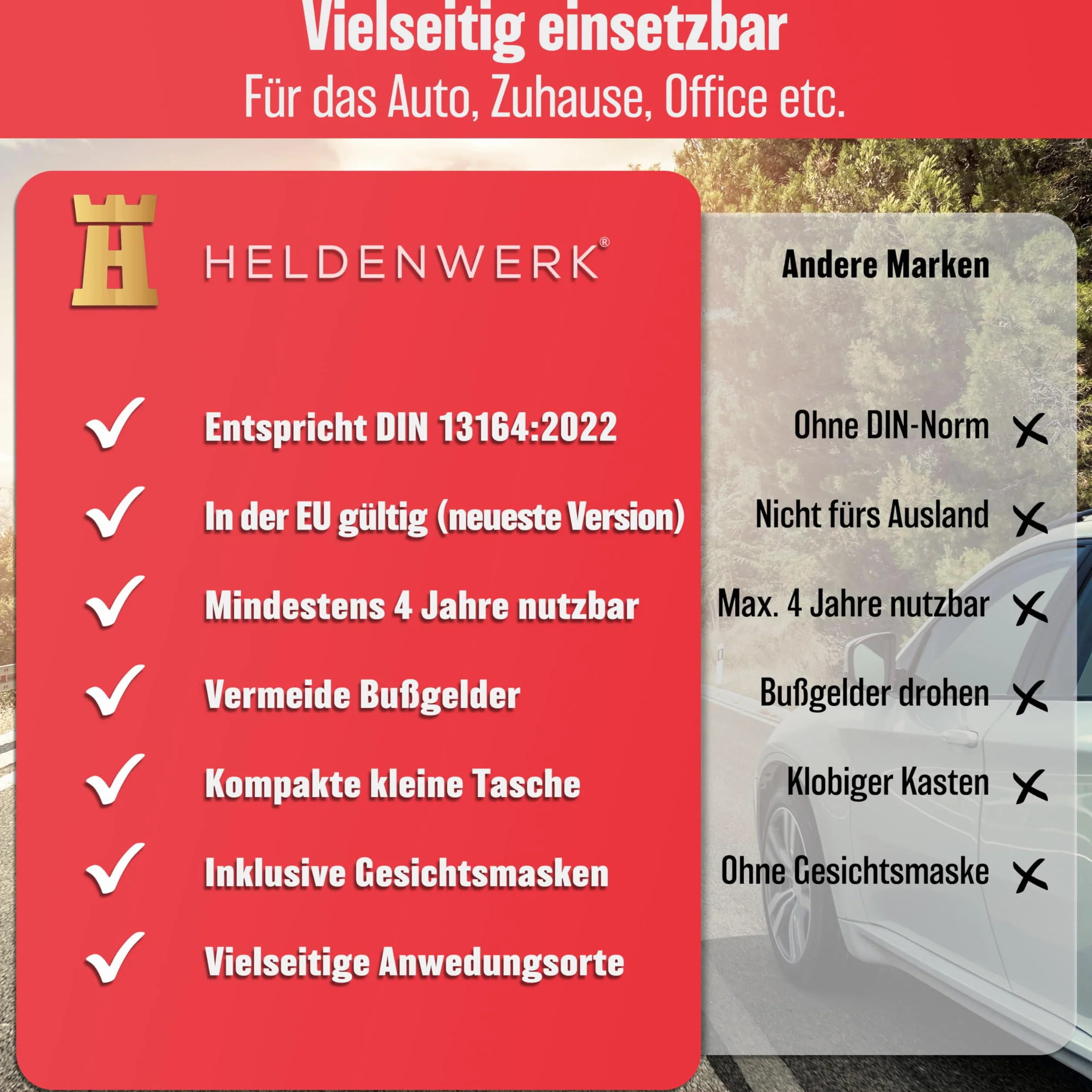 HELDENWERK Samochodowy zestaw pierwszej pomocy 2025 może być używany i testowany (zgodny z niemieckimi przepisami o ruchu drogowym) – apteczka pierwszej pomocy samochodowej z certyfikatem DIN 13164