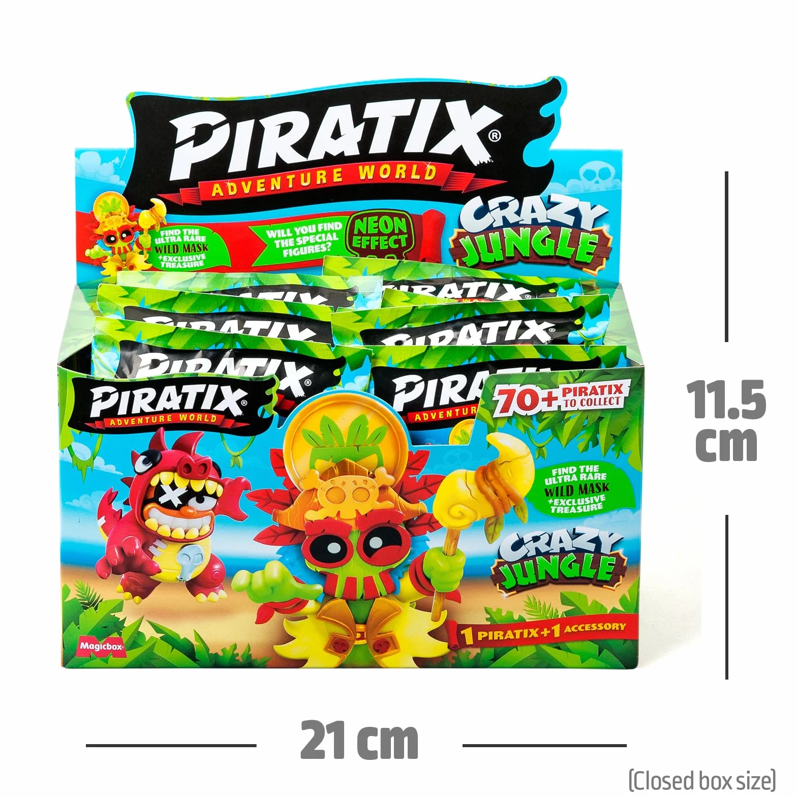 PIRATIX ADVENTURE WORLD Seria Crazy Jungle - pudełko zawierające 24 torebki z figurkami Piratixów z serii Crazy Jungle Każda torebka zawiera 1 figurkę Piratix i 1 akcesorium z efektem neonu.