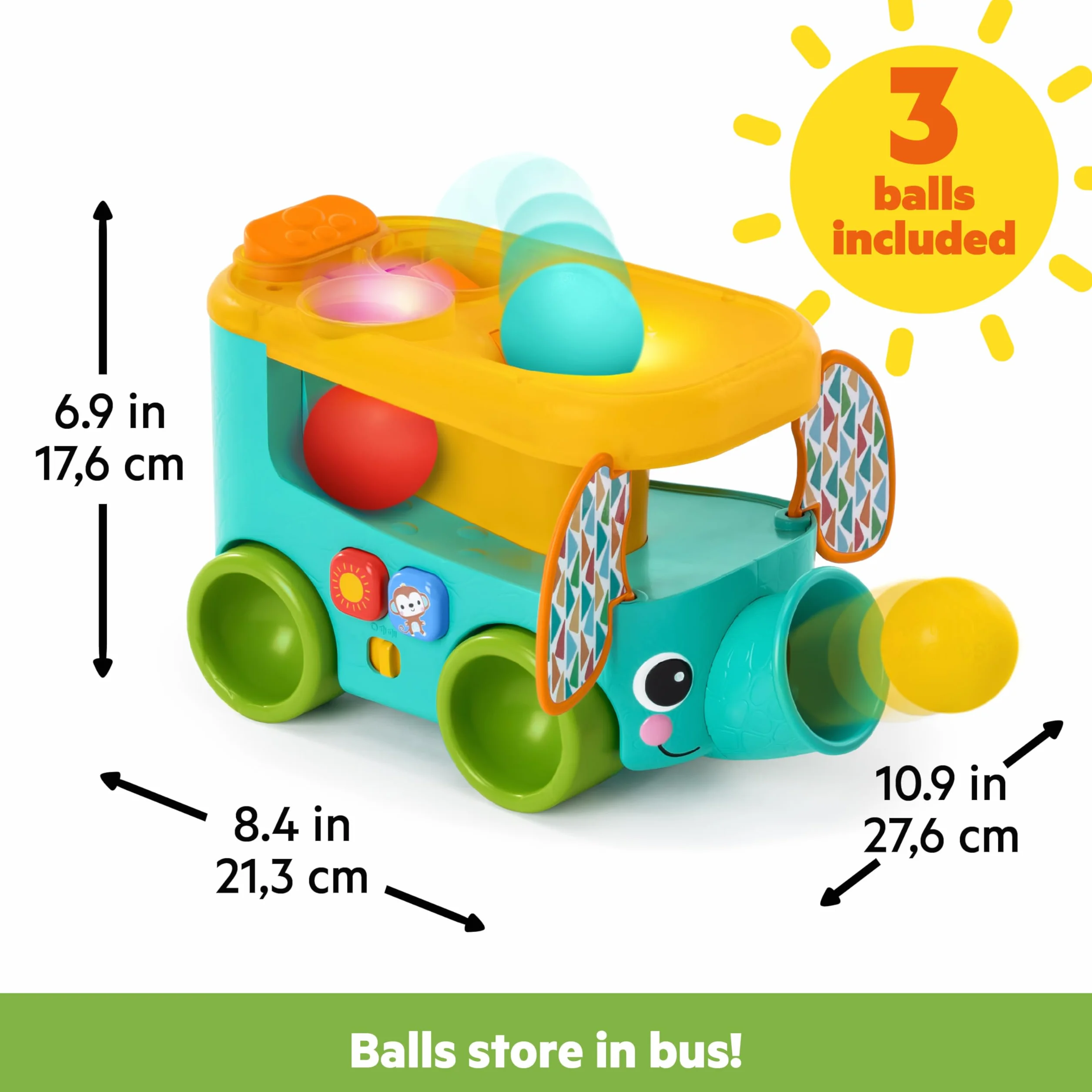 Bright Starts Pop & Roll Safari Bus zabawka do raczkowania słoni, zabawka do raczkowania dla niemowląt, unisex, wiek 6 miesięcy