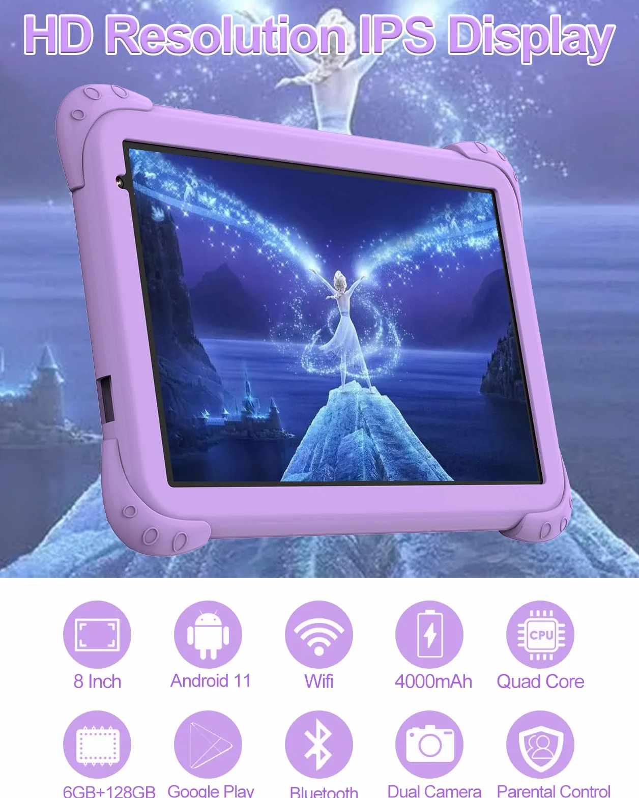 Tablet dla dzieci 8 Cali Android 11, 128GB Rom 6GB Ram TF256GB Edukacyjny dla dzieci HD 1280x800 Quad Core 4000mAh kontrola rodzicielska Google Play Kids Tablet(Fioletowy)