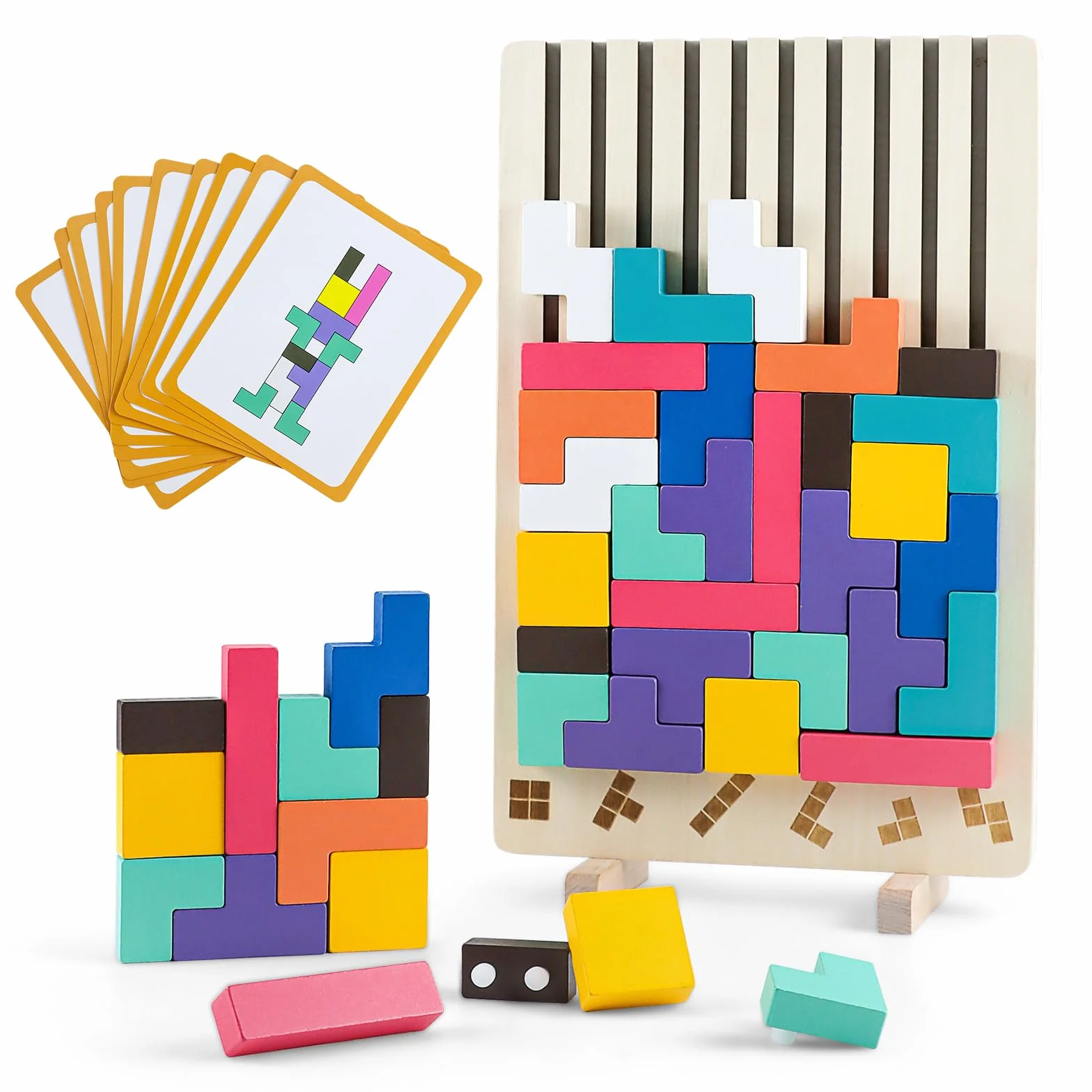 Montessori drewniane puzzle wtykowe, 42 części i 10 kart, zabawka geometryczna gra przyporządkująca, edukacyjny STEM, prezent edukacyjny dla dzieci od 3+, gra logiczna do logicznego myślenia