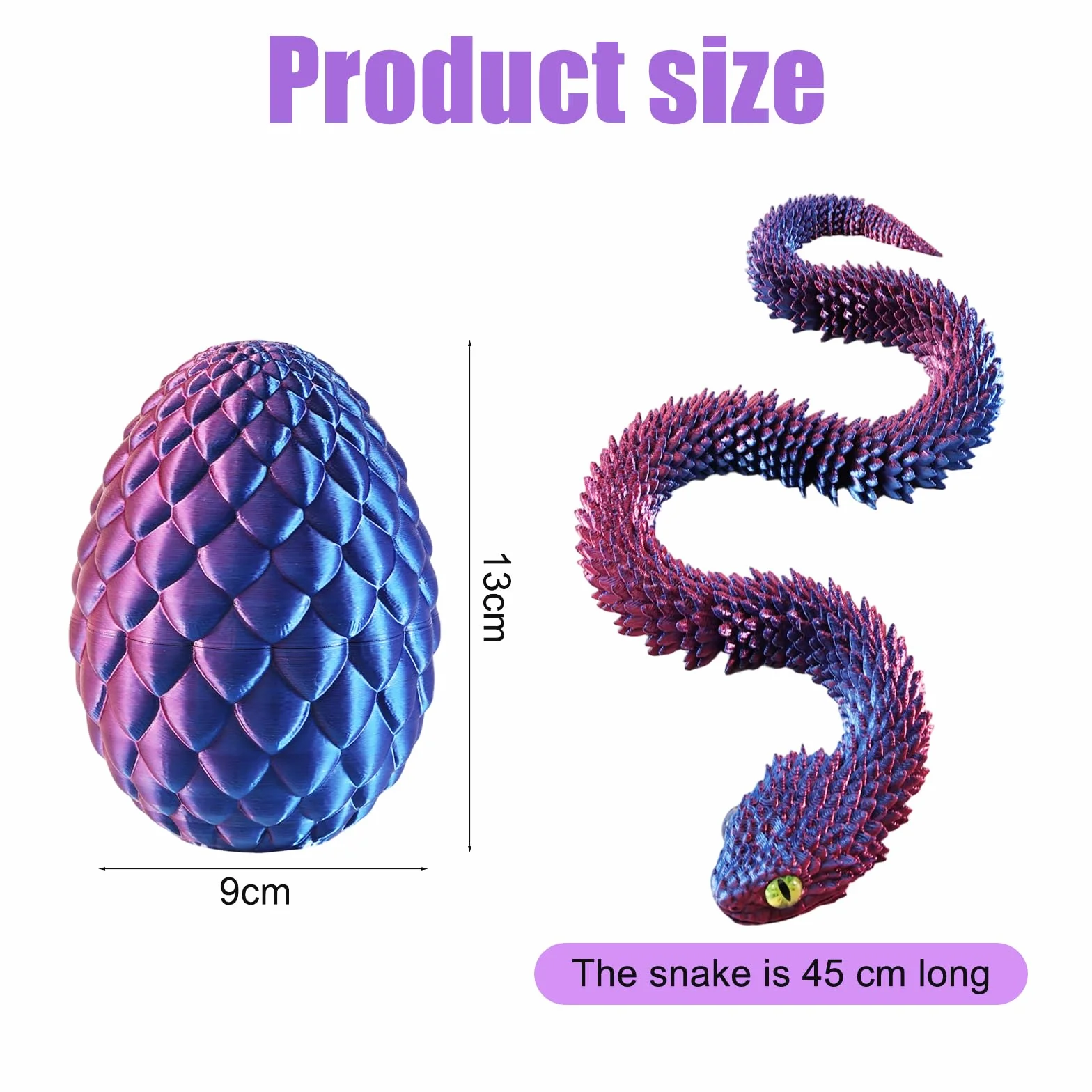 Joycabin Wąż z nadrukiem 3D, 45 cm, z jajkiem, z nadrukiem D, zabawka na Wielkanoc, nadruk 3D, jajko smocze, jaja węża, wielkanocne jaja węża, dla dzieci, na prezent, na biurko, do mieszkania