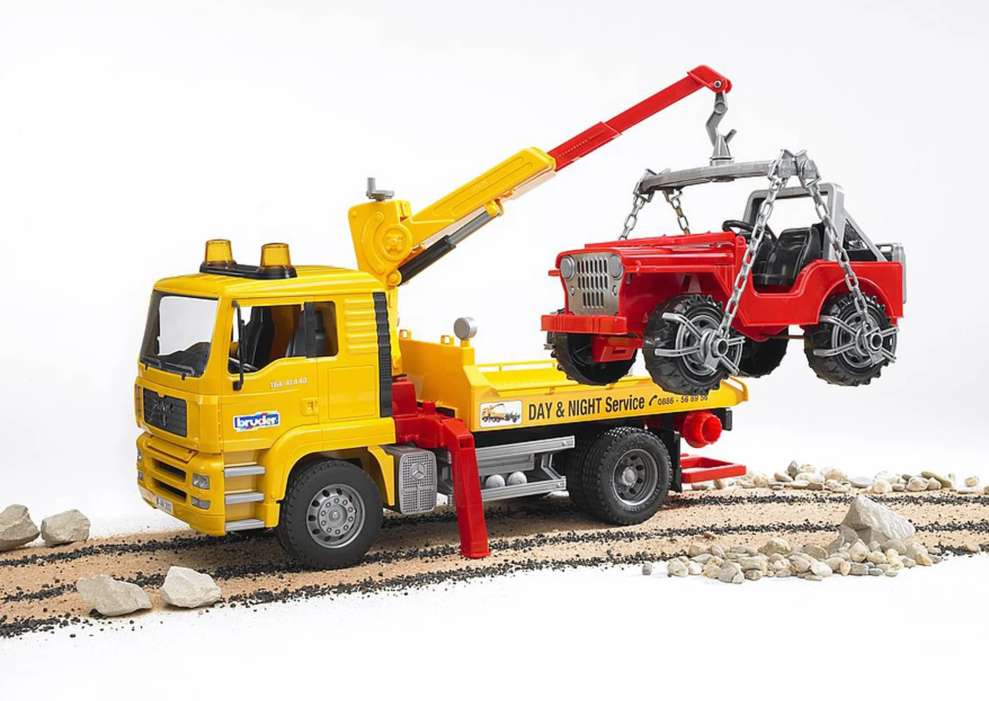 bruder 02750 - Man TGA Ciężarówka ratownicza z napędem 4x4 - 1:16 Ciężarówka ratownicza, laweta, pojazd, ciężarówka, samochód, jeep, warsztat, 4x4
