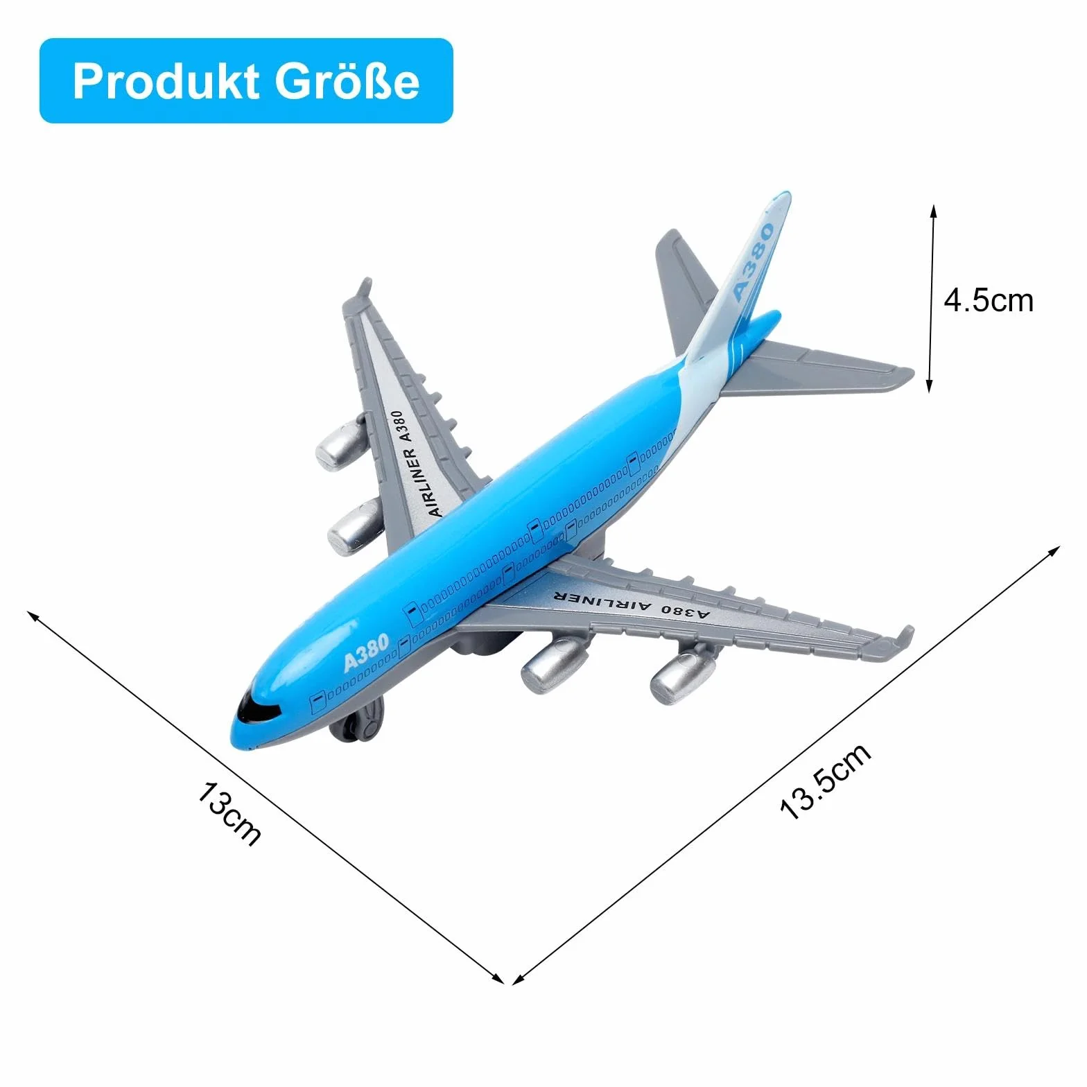 VOSSOT Airbus A380 samolot zabawka – Mini metalowy model samolotu z funkcją cofania, modele samolotów, idealne jako zabawka lotnicza i prezent (14 cm długości)