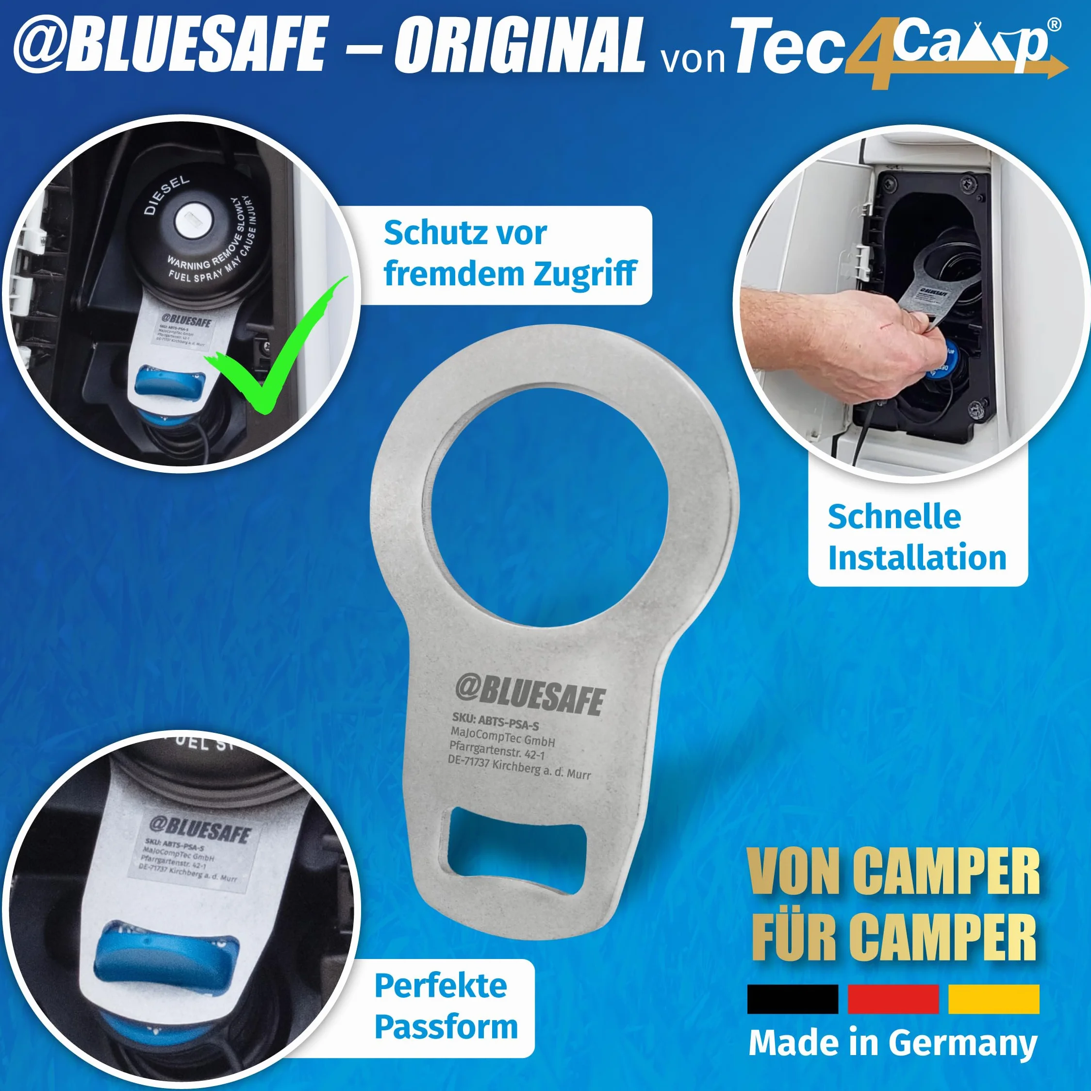 MaJoCompTec® ADBLUESAFE Zabezpieczenie korka wlewu paliwa, zabezpieczenie wlewu paliwa AdBlue, akcesoria do samochodów kempingowych (wersja ze stali nierdzewnej, bezpiecznik Boxer + Jumper + Ducato)