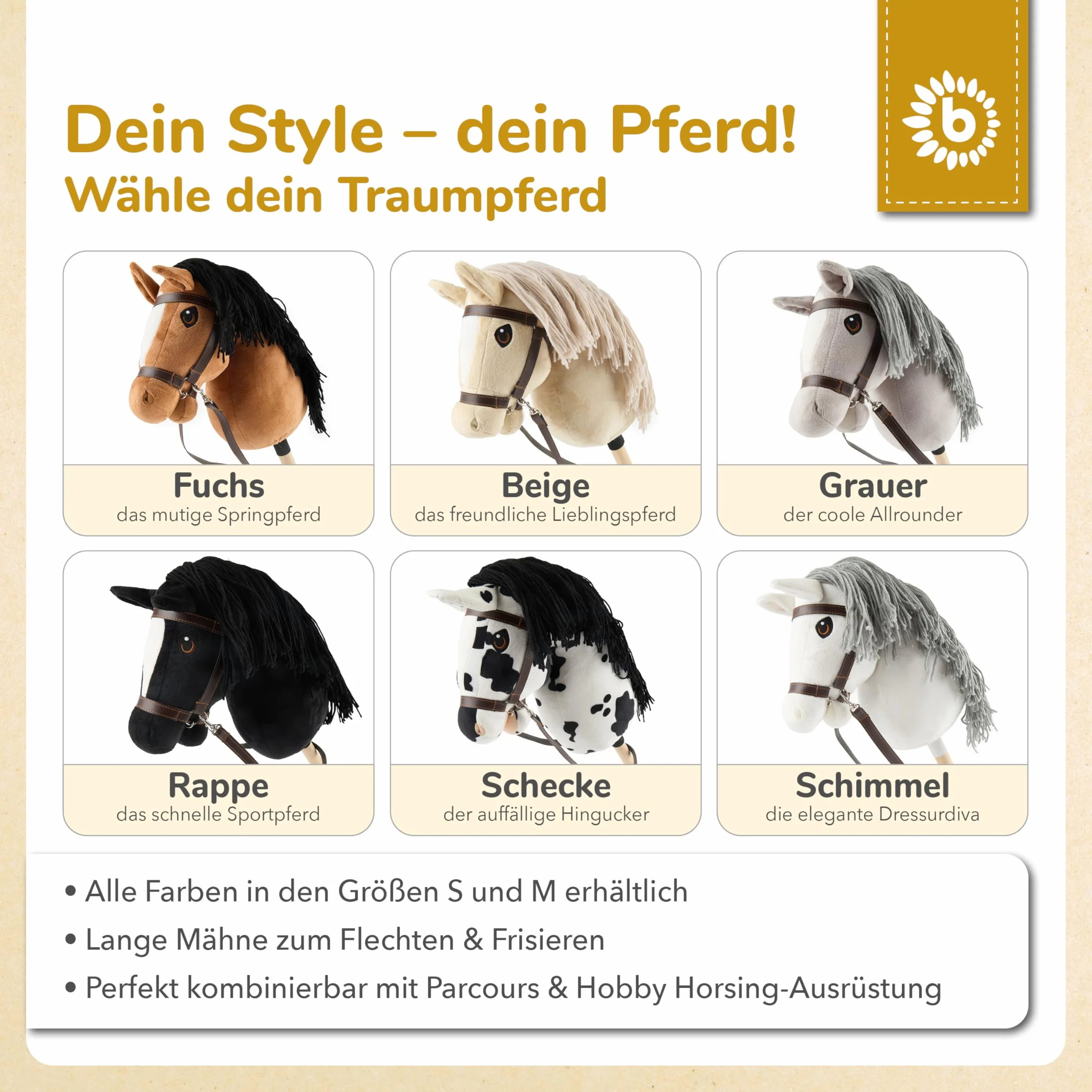 Bieco Hobby Horse konik na kijku, rozmiar M, z wyciągami, zdejmowany kij i ogon, do jazdy konnej, ujeżdżania i gier, hobby