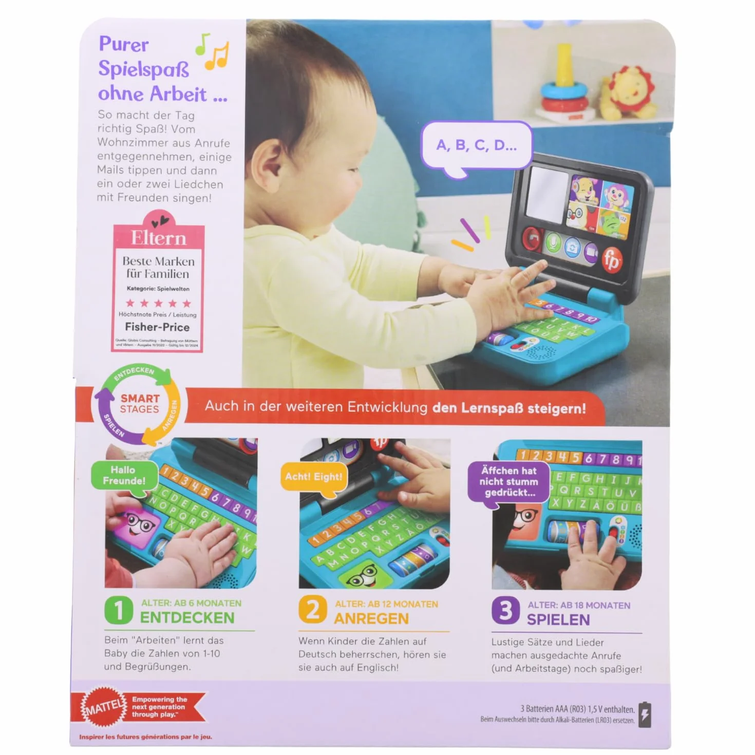 FISHER-PRICE Radość edukacyjna Homeoffice Laptop – elektroniczna zabawka edukacyjna z treścią do nauki inteligentnych stages, światełkami i 55+ piosenkami, ABC, cyfry i pierwsze niemieckie słowa,