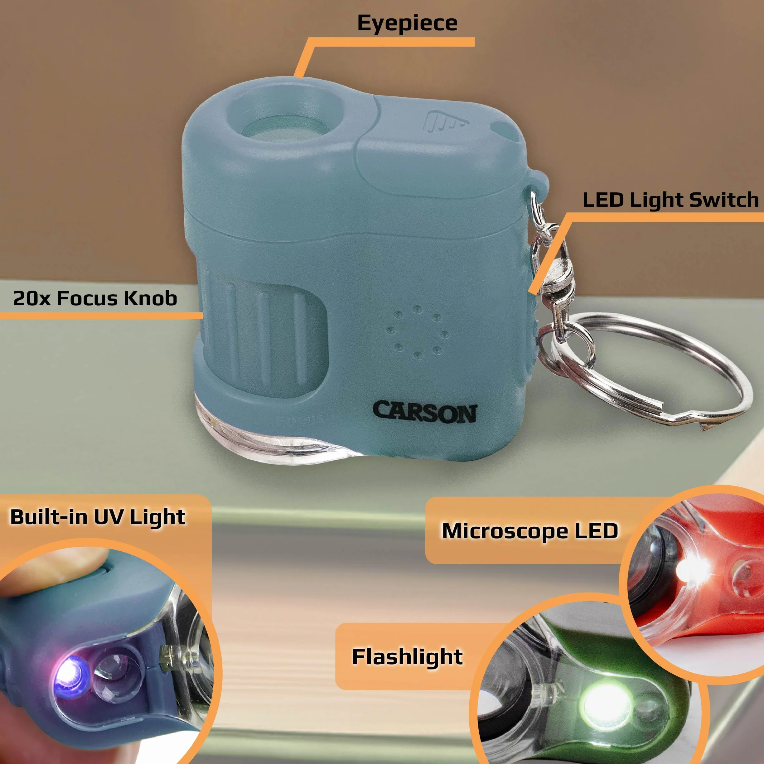 Brelok do kluczy z mikroskopem kieszonkowym MicroMini Blue, wbudowana latarka z oświetleniem UV i LED (MM-280B)