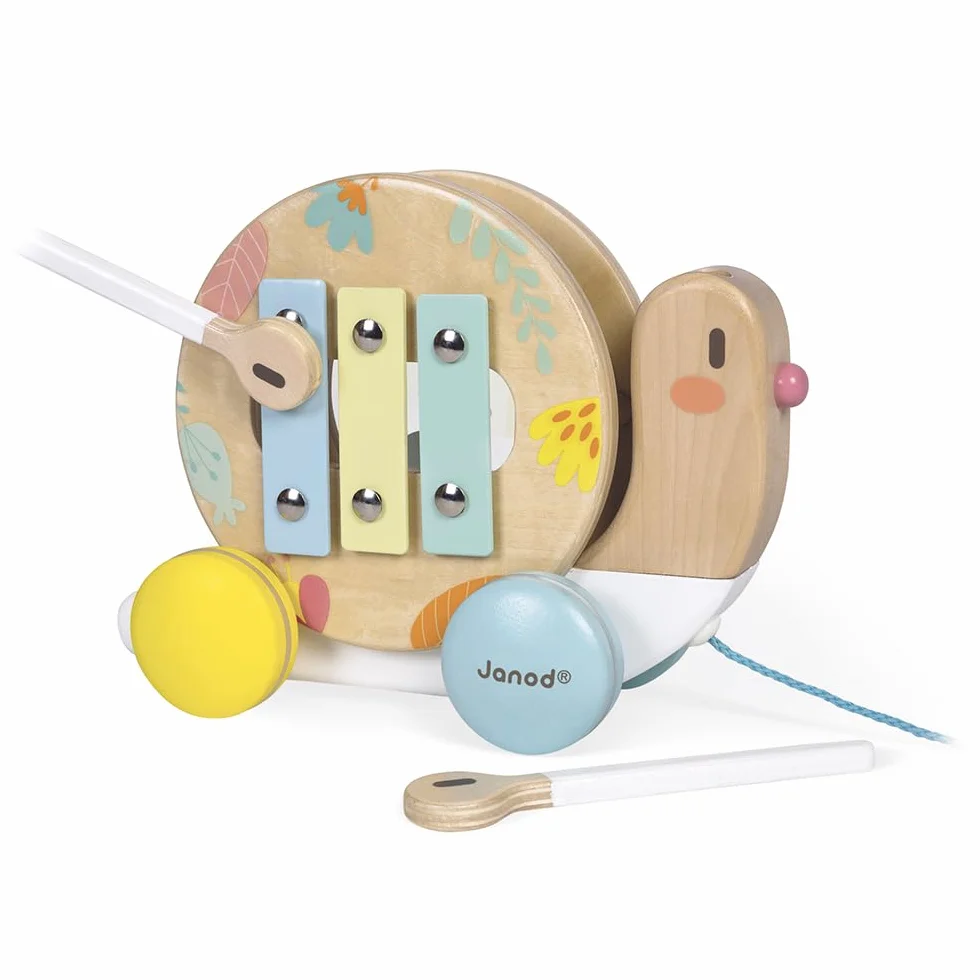 Janod - Wooden Pure Pull-Along Snail - Wooden Toy with Xylophone and Tambourine - Water Based Paint - Educational Musical Early Learning Toy - from 1 Year Old, J05159