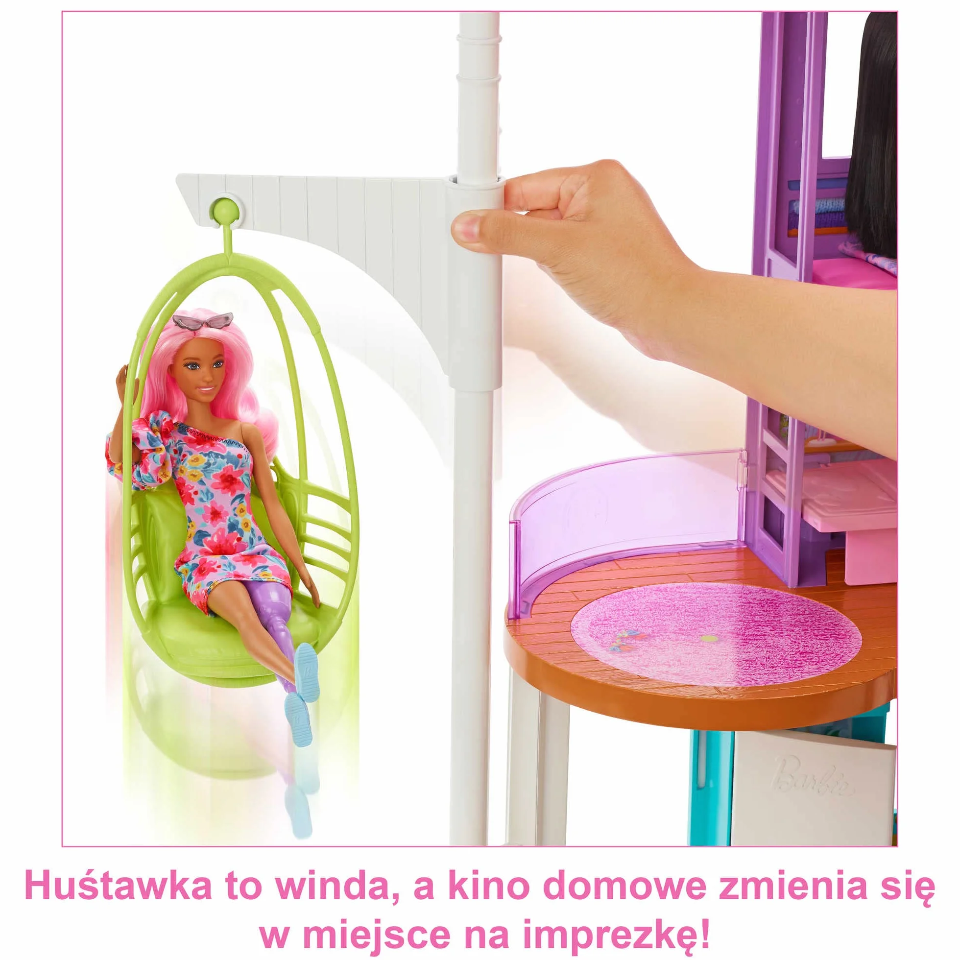 Barbie Wakacyjny domek Zestaw do zabawy (107 cm) z 2 poziomami, 6 pomieszczeniami, huśtawką-windą i ponad 30 elementami, zabawka dla dzieci od 3 roku życia, HCD50