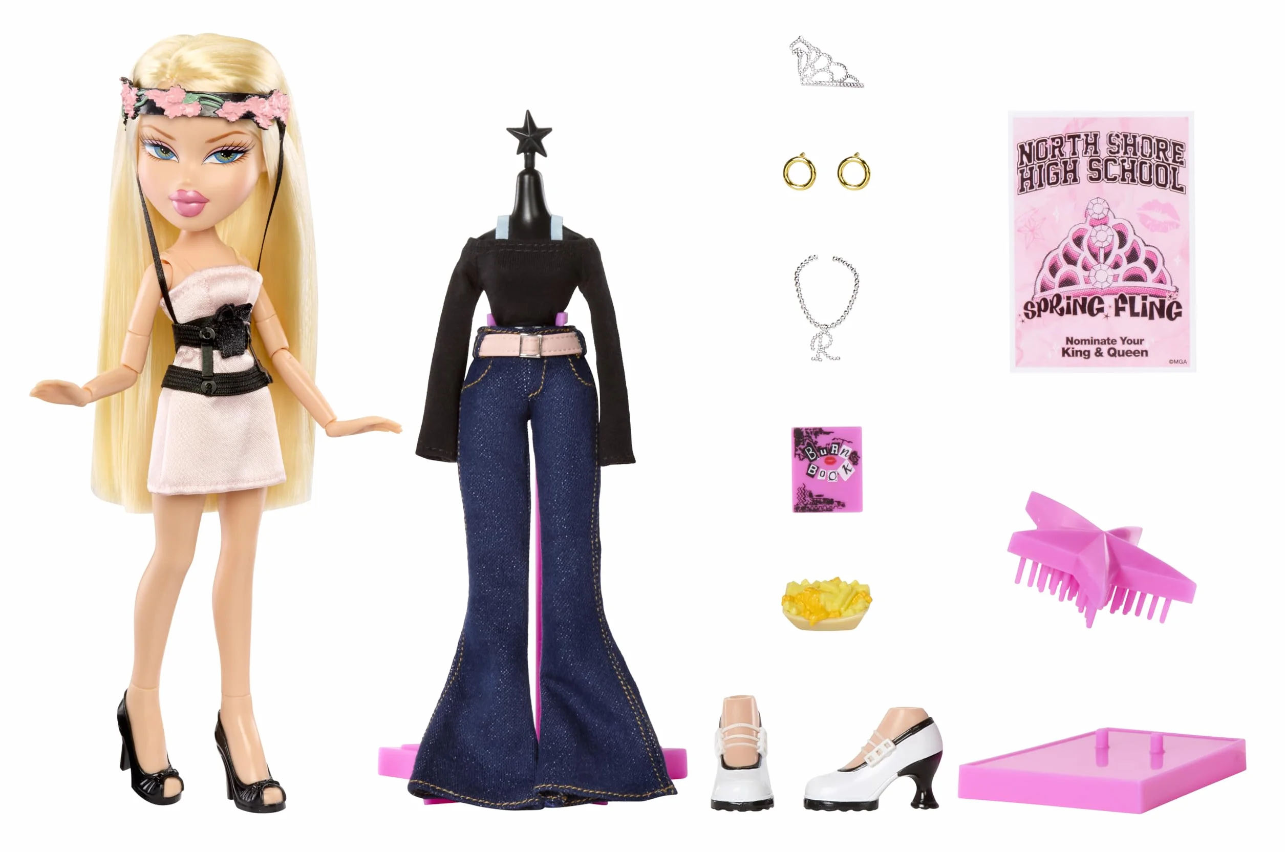 Bratz x Mean Girls Spring Fling Doll Regina– Kolekcjonerska Modna Lalka z Dwiema Stylizacjami, Różową Satynową Sukienką i Akcesoriami Inspirowanymi Filmem