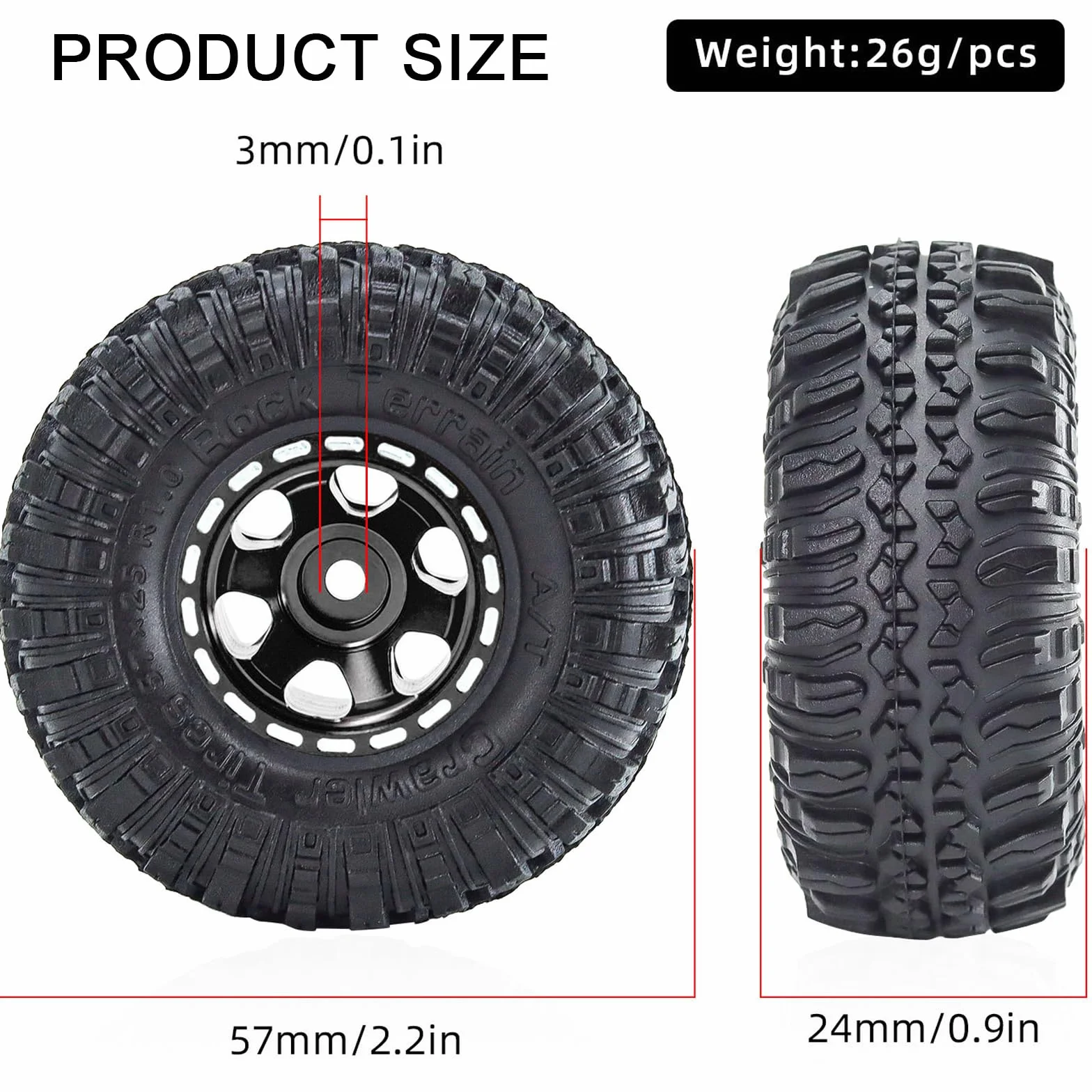 1.0 Beadlock zestaw felg i opon 57 x 24 mm, gumowe opony Rock Crawler i aluminiowe felgi do 1/18 1/24 Axial SCX24 TRX4M Gladiator Bronco C10 JLU Deadbolt RC Crawler Upgrade (czarny)