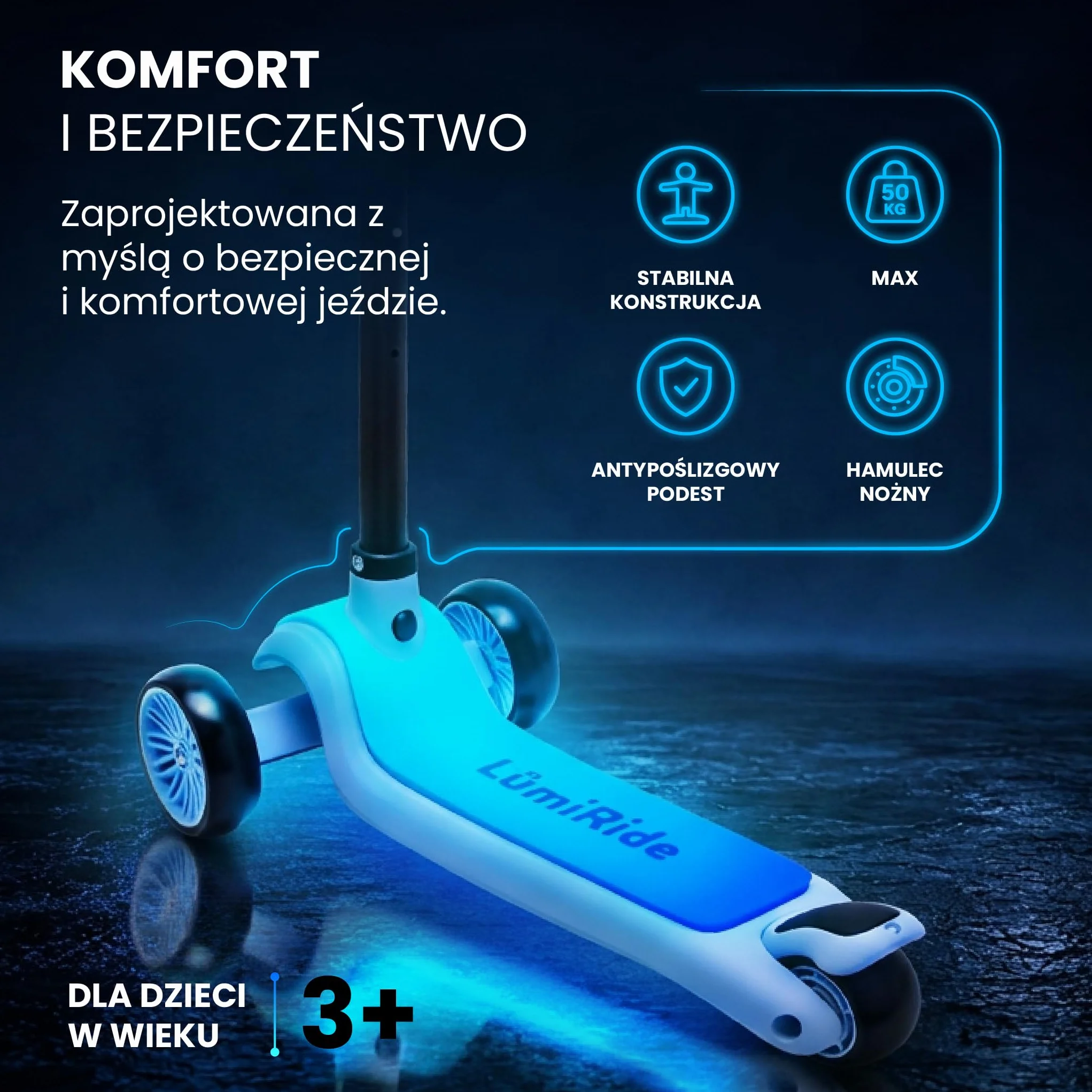LUMI RIDE Hulajnoga Trójkołowa dla dzieci LED 3+, Balansowa, Składana, Regulowana Kierownica, Hamulec Nożny, Antypoślizgowy Podest, Wyjmowana Kierownica
