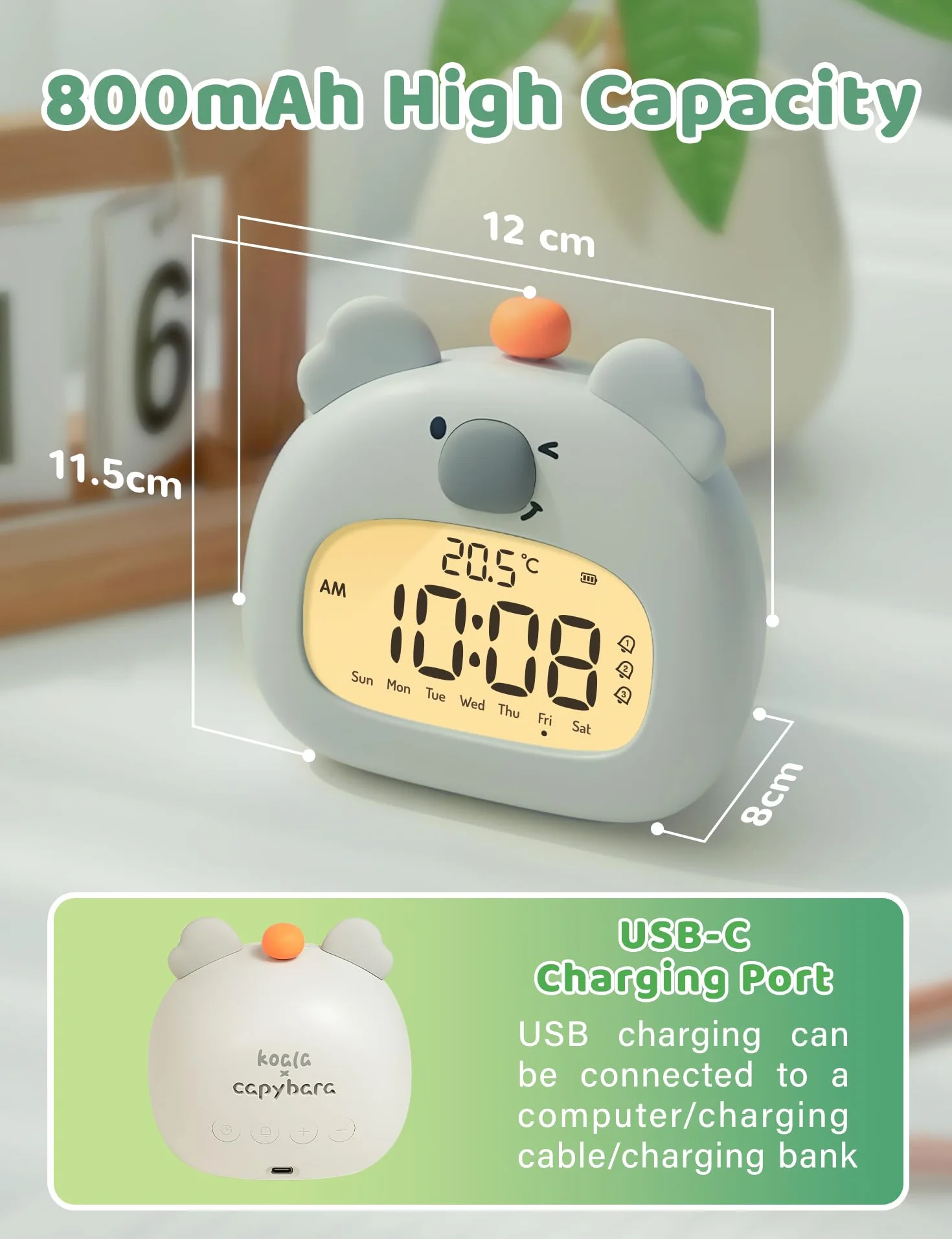 IHALO Koala budzik dziecięcy, stolik nocny z koala, cyfrowy wyświetlacz LED, 3,15 cala, trzy alarmy, tryb weekendowy, data, godzina, temperatura, możliwość ponownego ładowania, dekoracja do pokoju