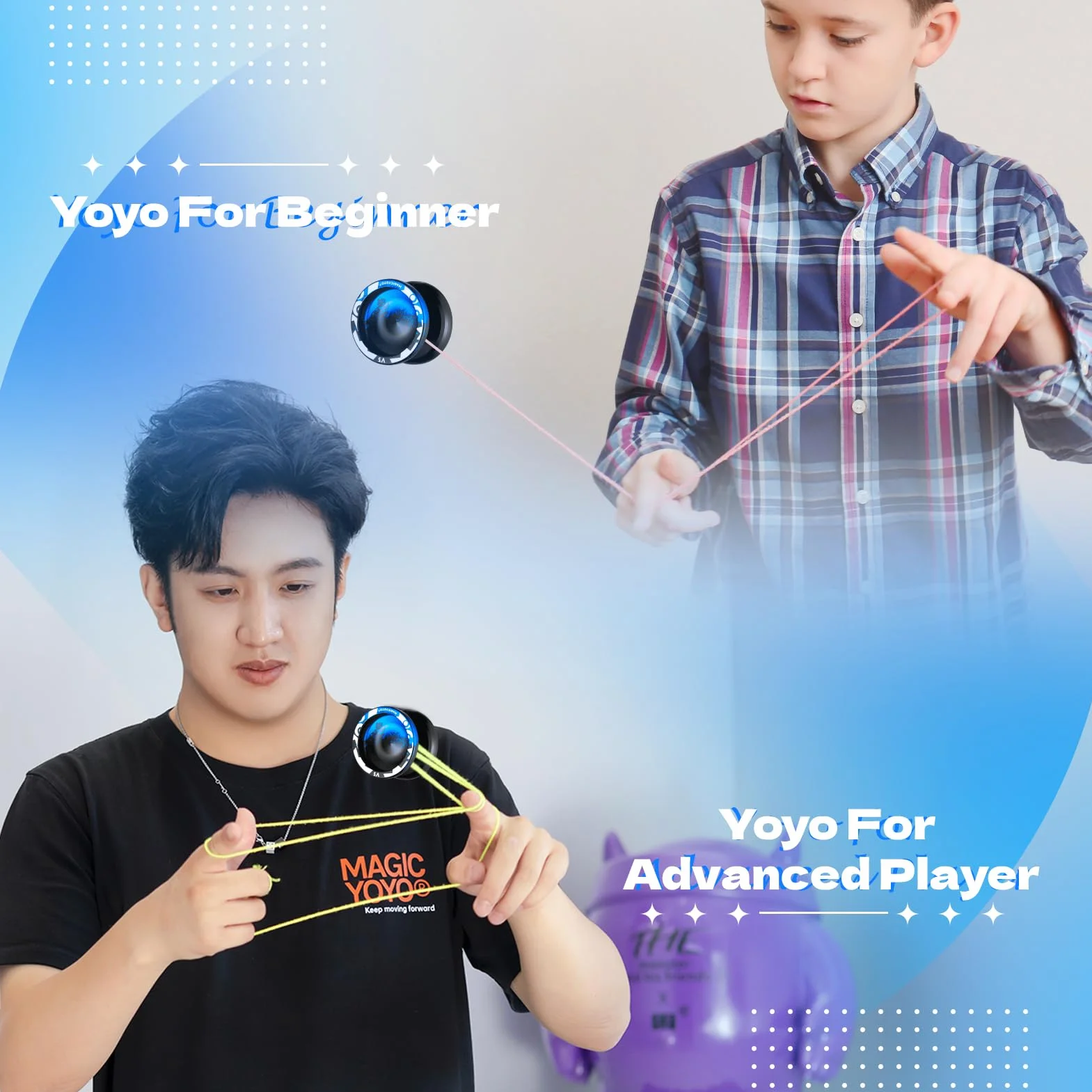 MAGICYOYO Profesjonalne JoJo V3 Responsywne dla Dzieci, Dual Purpose z Niereagującym Trybem, Metalowe z Zestawem Łożysk, 12 Sznurków + Torba (Czarno-Niebieska)