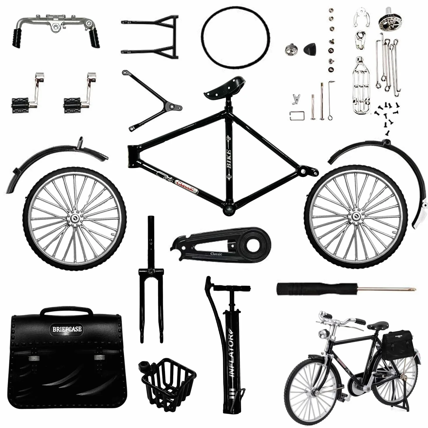 MEMOFYND 1-częściowy zestaw modeli rowerów retro DIY, klasyczna replika roweru z palcami, z pompką, koszem i teczką, odpowiedni dla dorosłych i dzieci