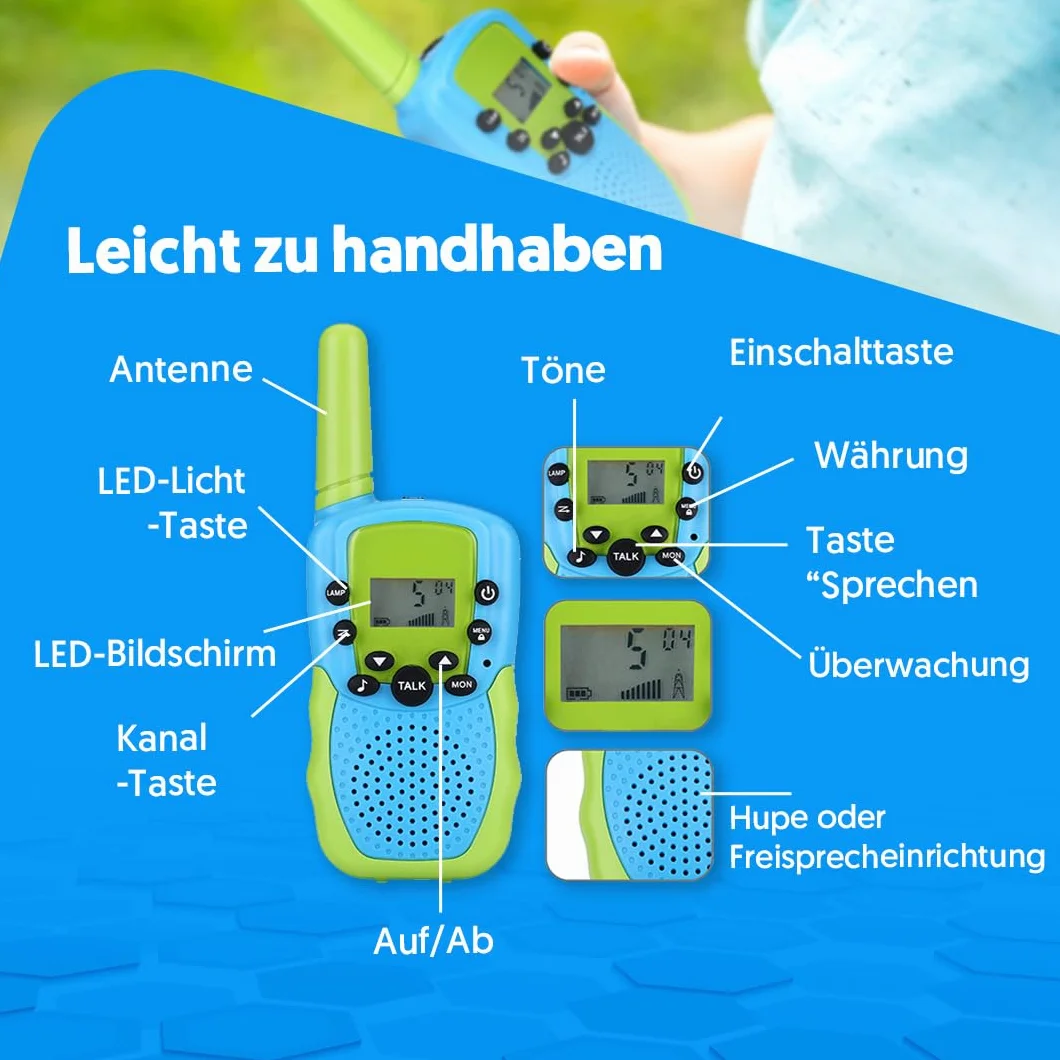 NK Walkie-Talkie dla Dzieci w wieku 4, 5, 6, 7, 8, 9 lat (baterie w zestawie) - Długi dystans 3 km, Wyświetlacz LED, 22 kanały, Zabawka dla dzieci z latarką, Prezent na Boże Narodzenie, urodziny,