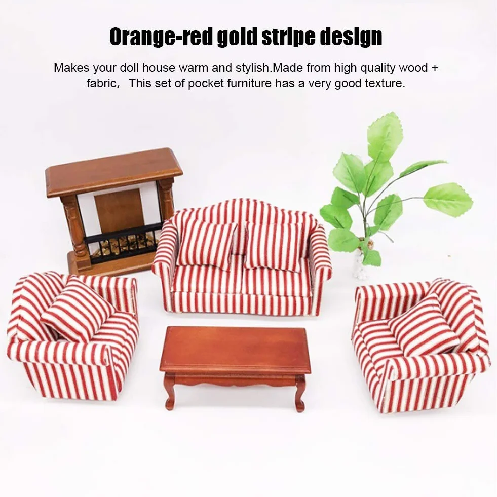 3 sztuk 1:12 zestaw sof dla lalek Mini dekoracja domku dla lalek pomarańczowe różowe złoto w paski drewniane tkaniny Mini miniaturowy salon zabawka dla dzieci dekoracja na meble do domku dla lalek z 4 poduszkami