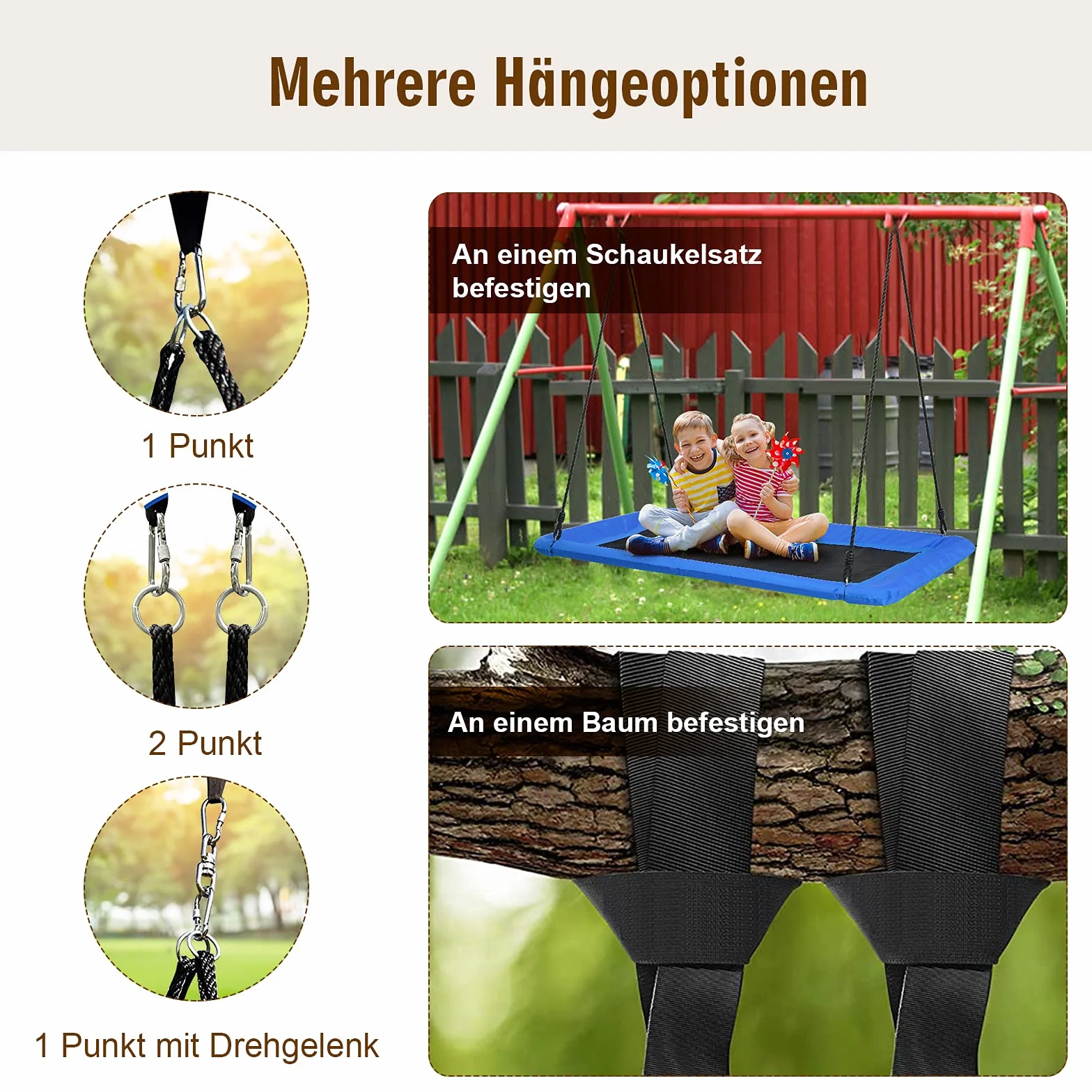 COSTWAY Huśtawka gniazdowa kwadratowa, obciążenie do 150 kg, 150 x 80 cm, huśtawka ogrodowa z regulowaną liną 100-180 cm, huśtawka dla dzieci, do użytku na zewnątrz, dla dzieci i dorosłych (niebieska)