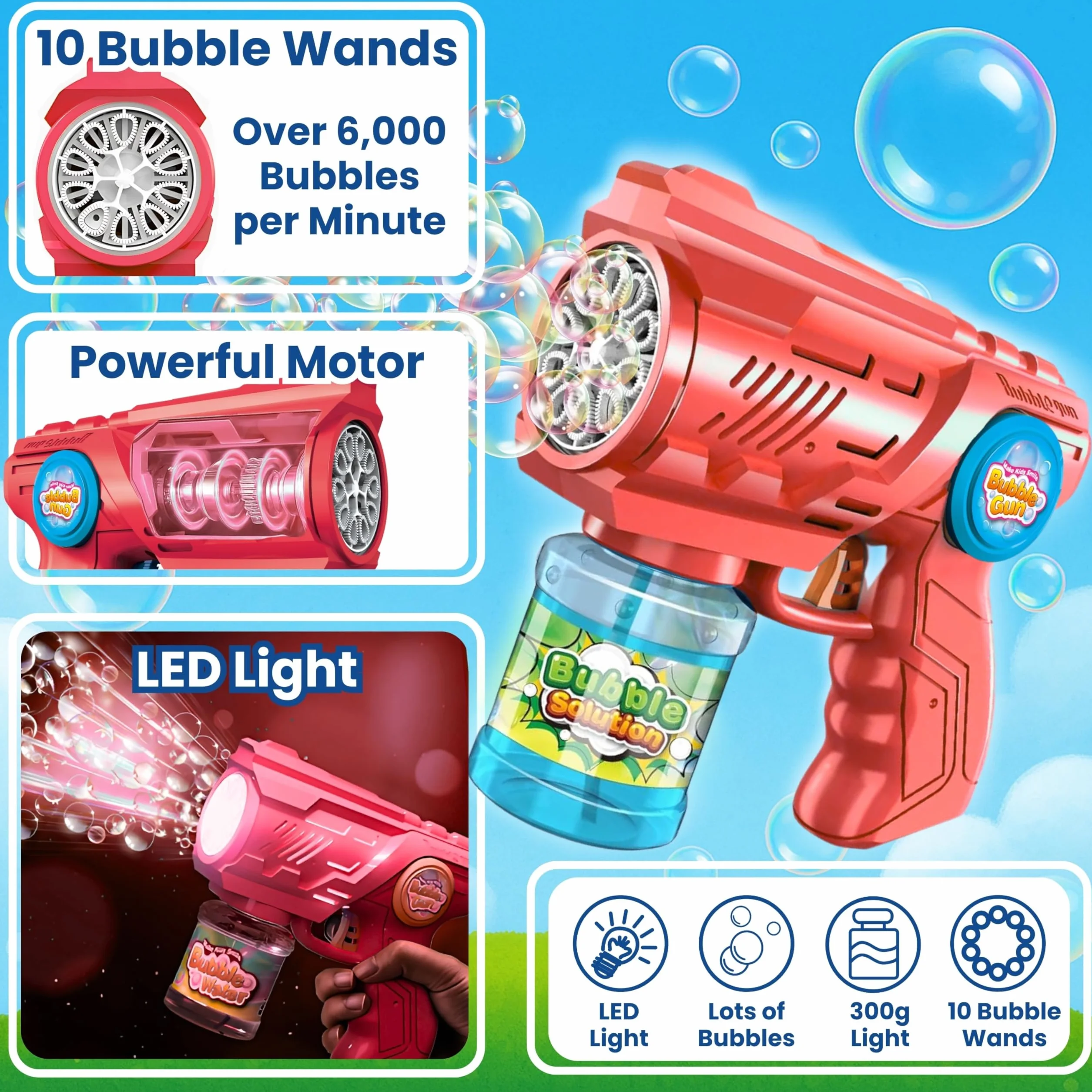 Blubbel Pistolet do Baniek, Maszyna z LED, Zbiornik 100ml, Armata Bańkowa, Powietrzna Bazooka, Prezent dla Dzieci, Na Wesele