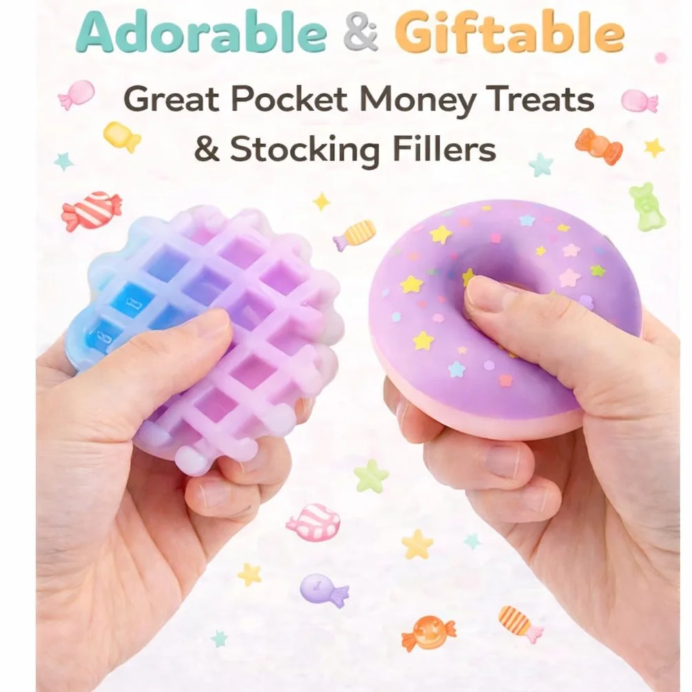 Jelli Squishi zestaw 2 słodkich squishy (gofry i pączki) – sensoryczna zabawka antystresowa dla dzieci – miękki żel do zgniatania Squishy, styl Kawaii Mochi – różne kolory
