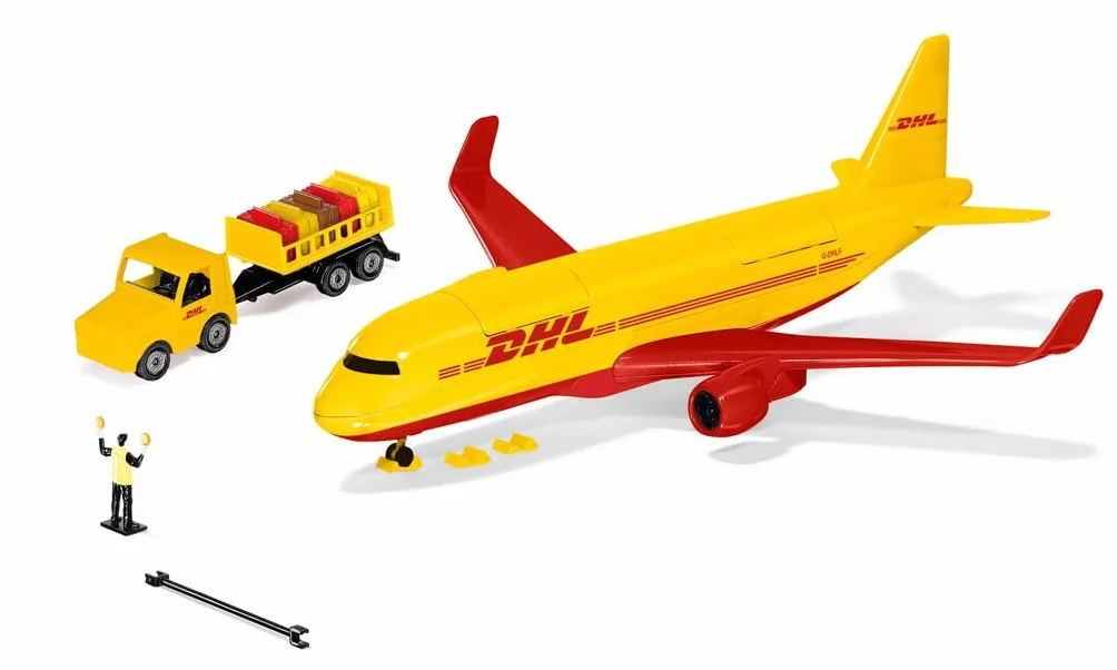 siku 1702, DHL Samolot towarowy z tworzywa sztucznego z akcesoriami, Czerwony/Żółty, Zabawkowy model, W komplecie wózek towarowy, drążek holowniczy, klocki hamulcowe i kontroler lotu