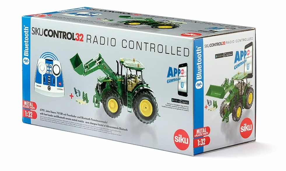 Siku 6795, John Deere 7310R Traktor z ładowaczem czołowym, Zielony, Metal,Tworzywo sztuczne, 1:32, Zdalnie sterowany, W zestawie pilot Bluetooth i akcesoria, Możliwość sterowania przez aplikację