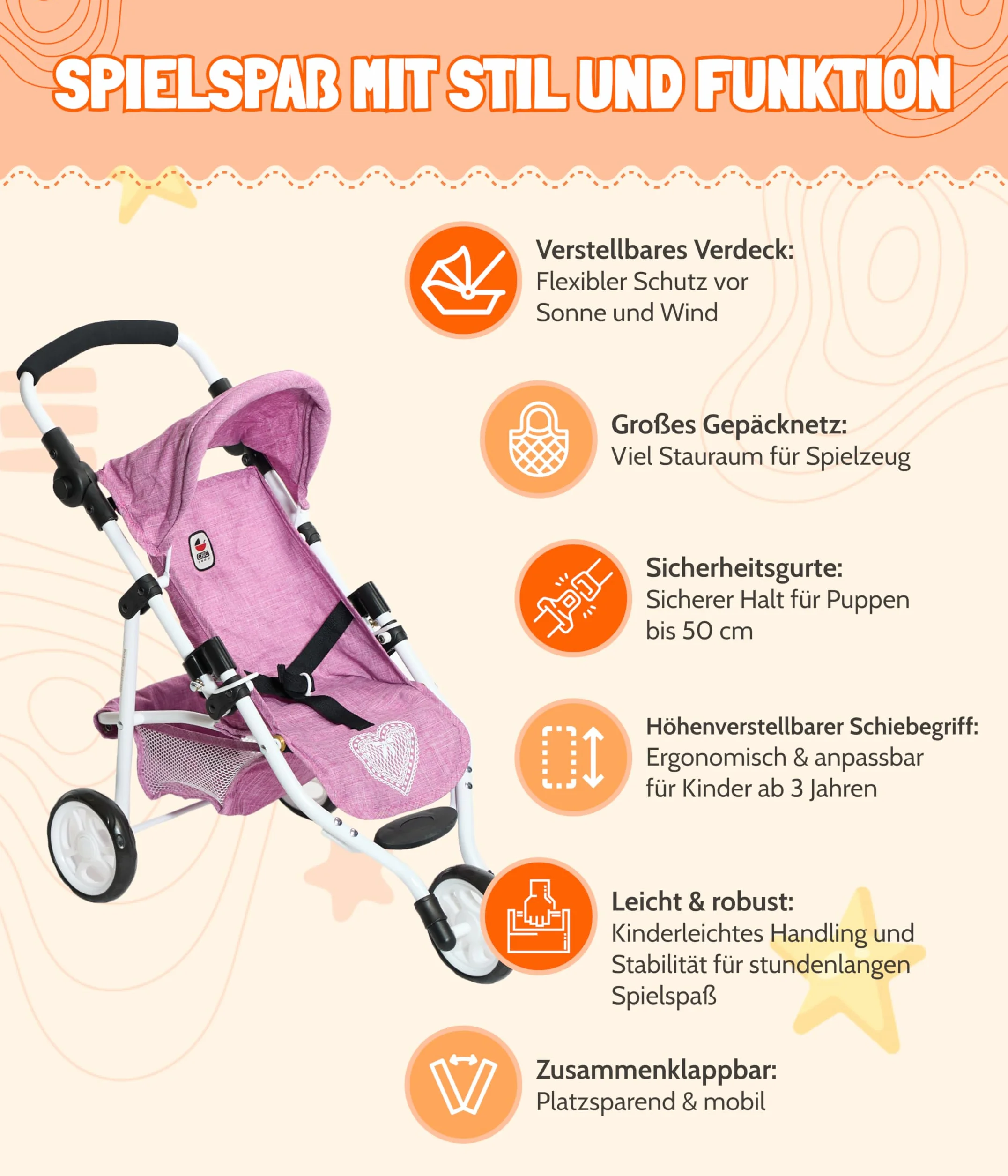 Bayer Chic 2000 - Buggy dla lalek Lola, joggery dla lalek, wózek dla lalek, kwiaty, 612-53, kwiaty, różowy, 70 x 33 x 62 cm