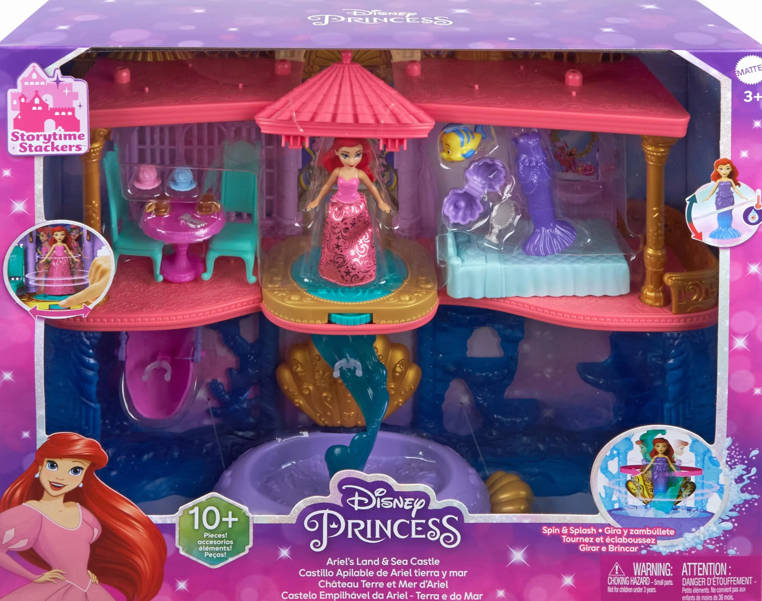 Mattel Księżniczka Disneya Pałac Arielki Domek dla lalek, mała lalka, 1 figurka przyjaciela, 12 elementów, 6 obszarów zabawy i basen, inspirowany filmem Disneya HLW95
