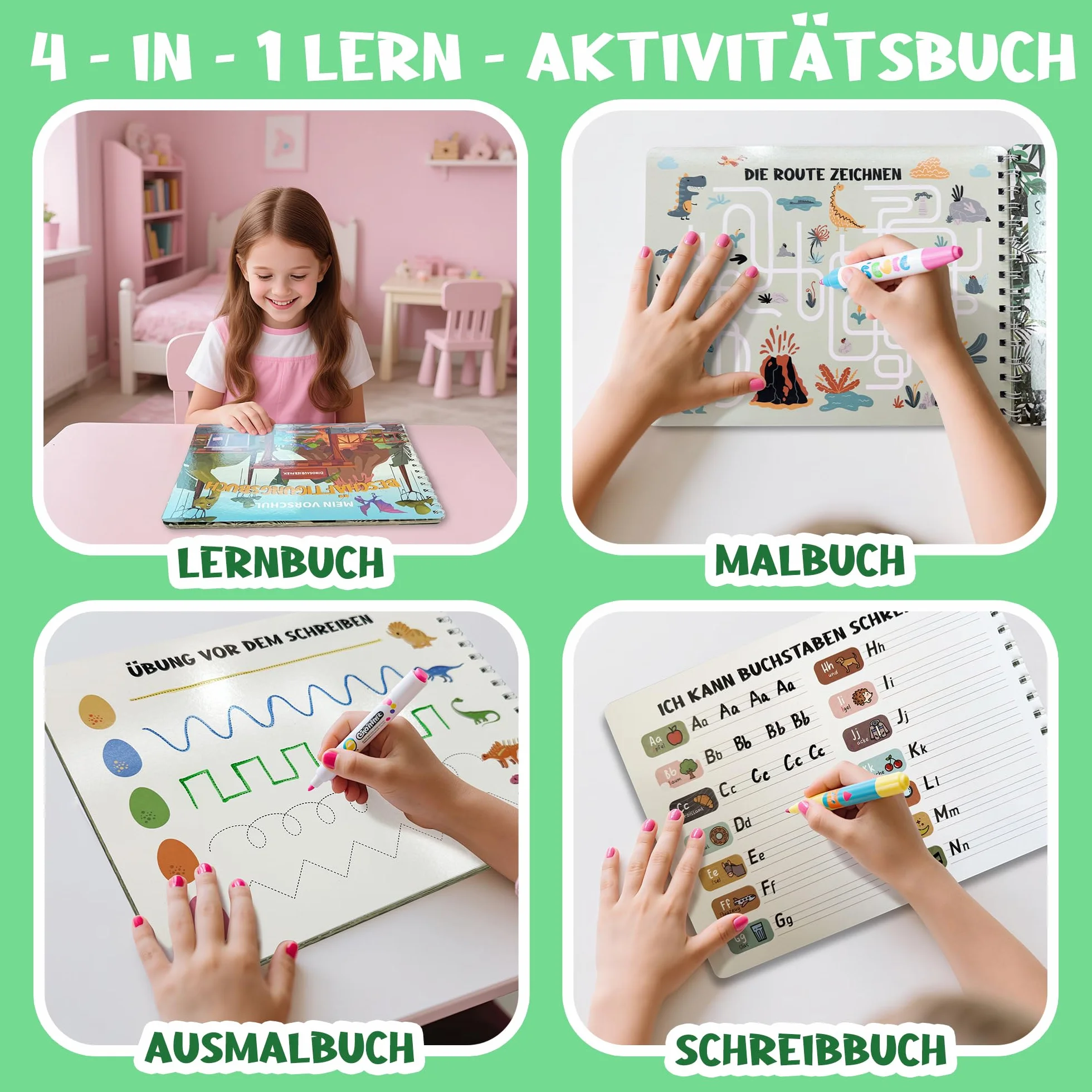 BIROYAL Aktywności Edukacyjne dla Dzieci od 3, 4, 5, 6 – Książka do nauka Wielokrotnego Użycia w Przedszkolu – Liter, Pisania, Liczb, Malowanie