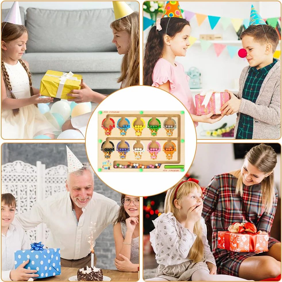 Ainiv Magnetyczny Labirynt Z Kolorami I Liczbami Dla Dzieci, Magnetyczna Plansza Do Gry, Drewniane Zabawki Montessori, Zabawki Edukacyjne Dla Chłopców I Dziewczynek W Wieku 3, 4, 5, 6 I 7 Lat (Lody)