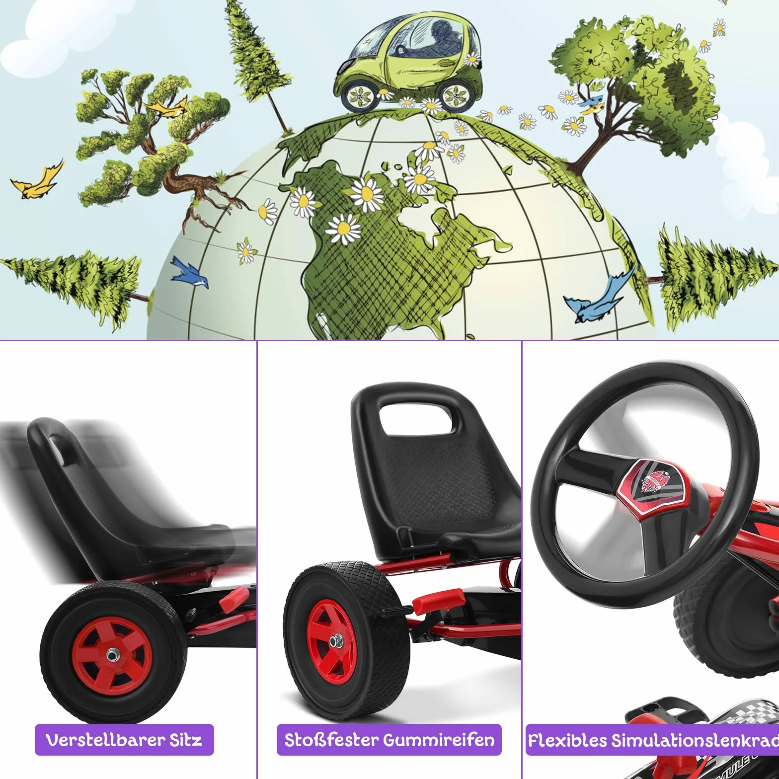 GOPLUS Gokart od 3 lat, gokart z regulowanym siedziskiem, bieg do przodu i do tyłu, samochód na pedały z gumowymi kółkami, elastyczne sprzęgło i hamulec ręczny, pojazd dla dzieci w wieku 3-8 lat
