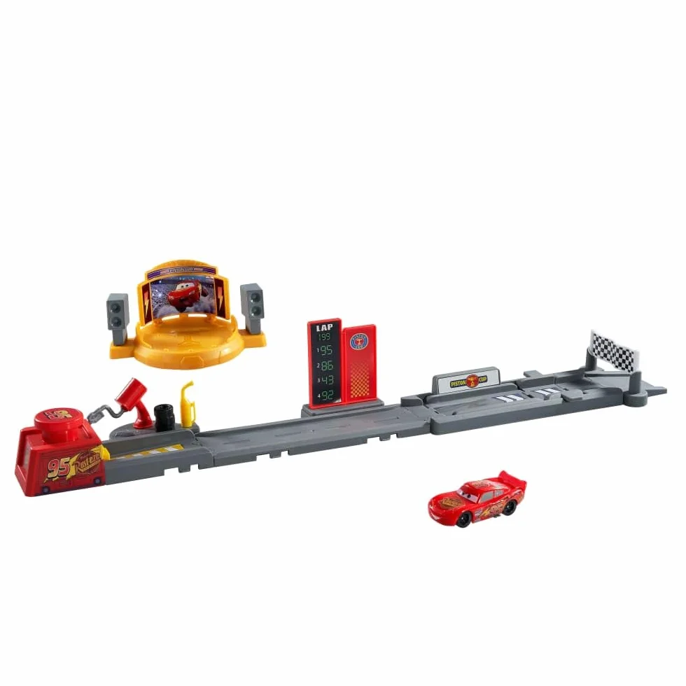 Disney Pixar Cars Auta Skok po Złoty Tłok Zestaw dla dzieci (ok. 50 cm długości) + samochód zabawka Zygzak McQueen i 2 sposoby zabawy, JDJ02