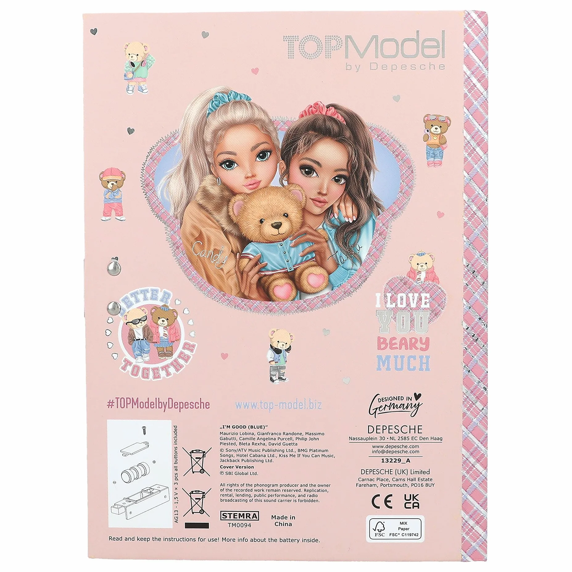 Depesche 13229 TOPModel Team Teddy - Kalendarz z kodem numerycznym i dźwiękiem, książka z motywem modelu i 80 kolorowo ilustrowanymi stronami w linie.