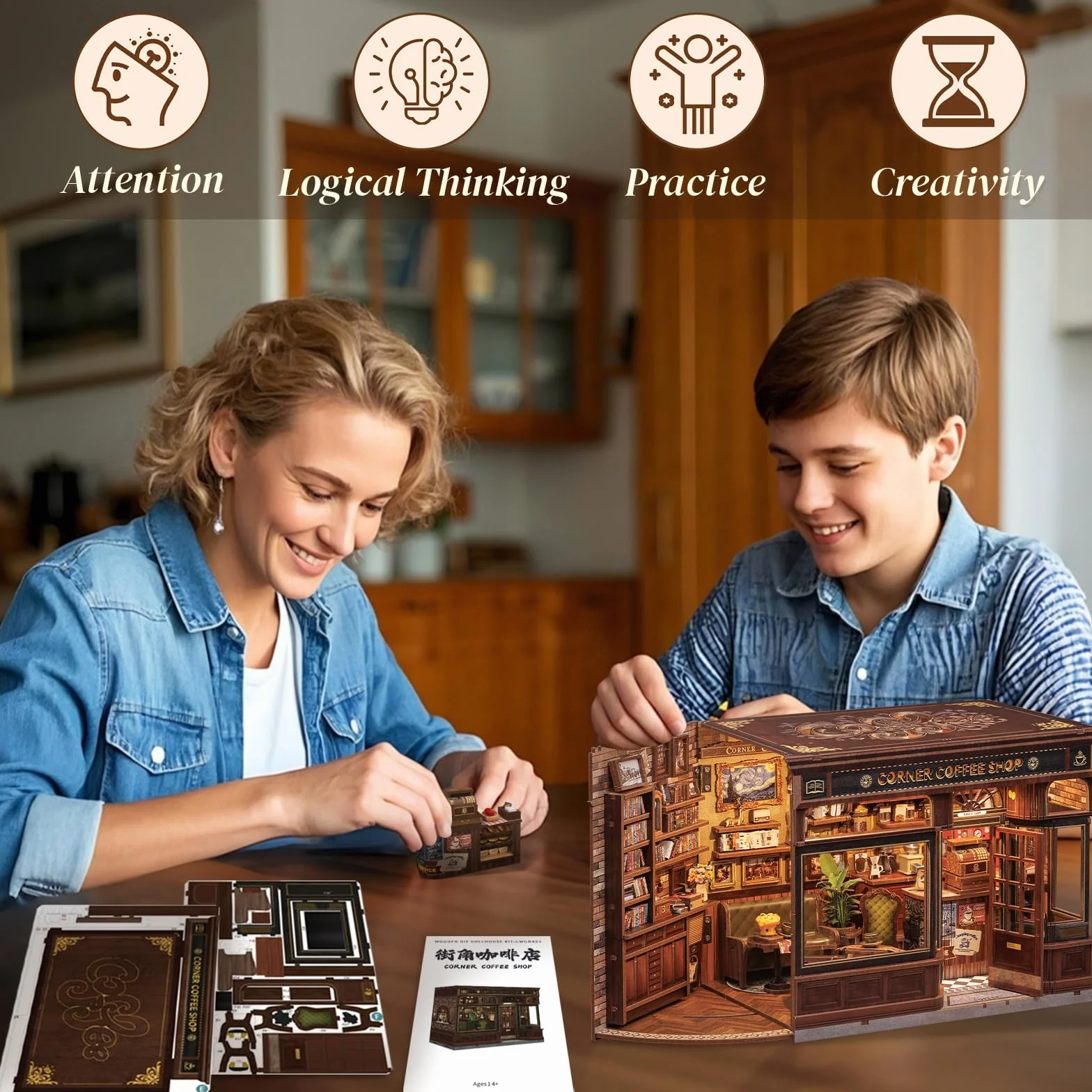 CUTEBEE Book Nook – DIY Mini House Miniaturowego Domku Dla Lalek dla Dorosłych z Oświetleniem LED, Układanką 3D i do – Dekoracja Półki na Książki i Pomysł na Prezent (Corner Coffee Shop)