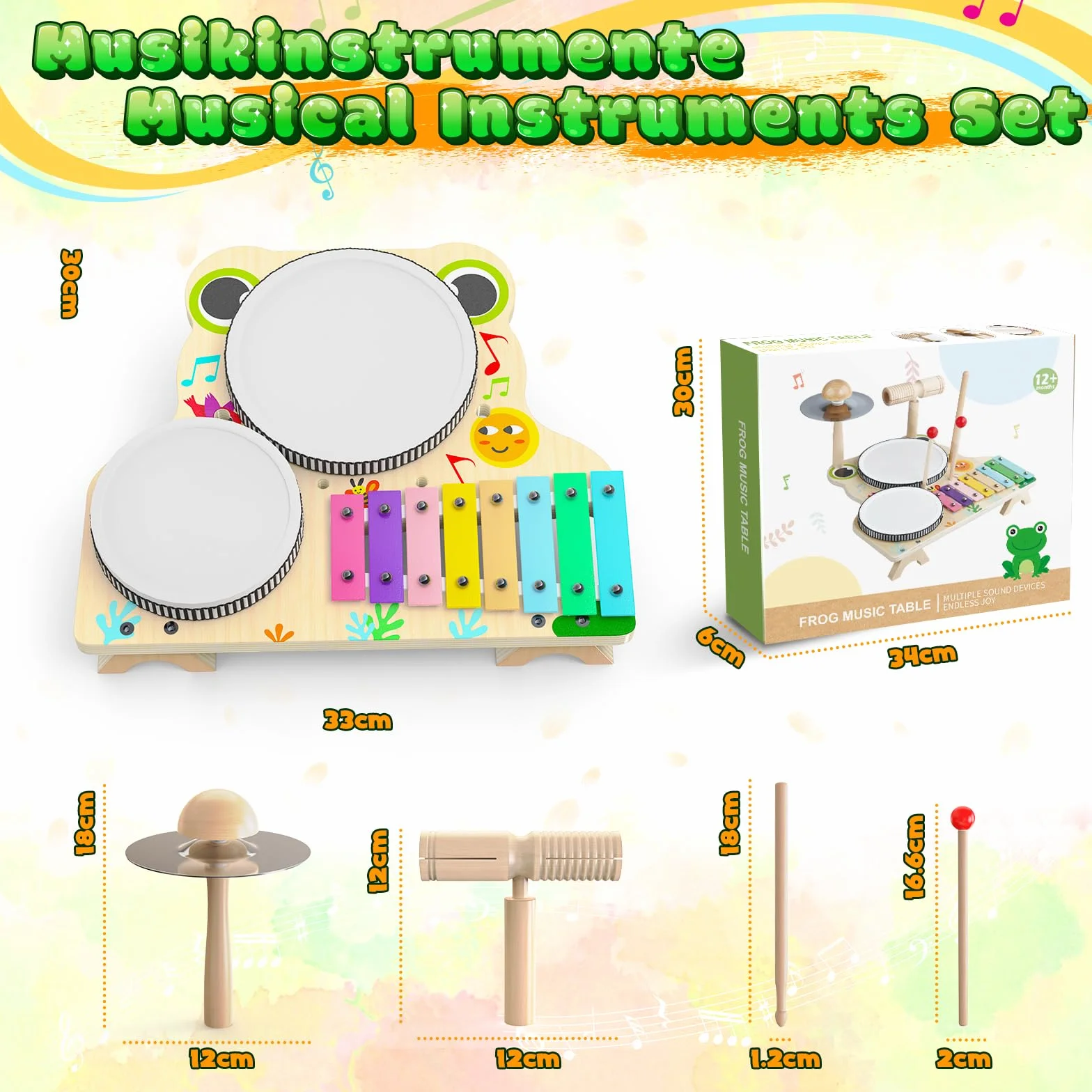 Skirfy Instrumenty muzyczne dla dzieci, drewniana zabawka, zestaw perkusyjny z pałeczkami perkusyjnymi i ksylofonem, zabawka edukacyjna dla chłopców i dziewczynek od 3, 4, 5 lat, zabawka sensoryczna