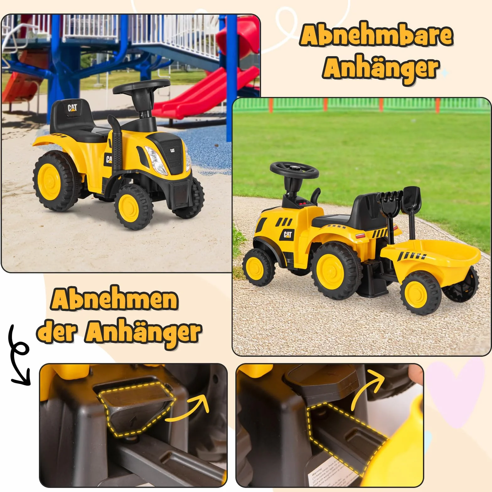 COSTWAY Samochód poślizgowy ze zdejmowaną przyczepą, traktor z szuflą i grabami, pojazd ślizgowy z klaksonem, dźwiękiem silnika i diodami LED, dla dzieci od 1 roku życia
