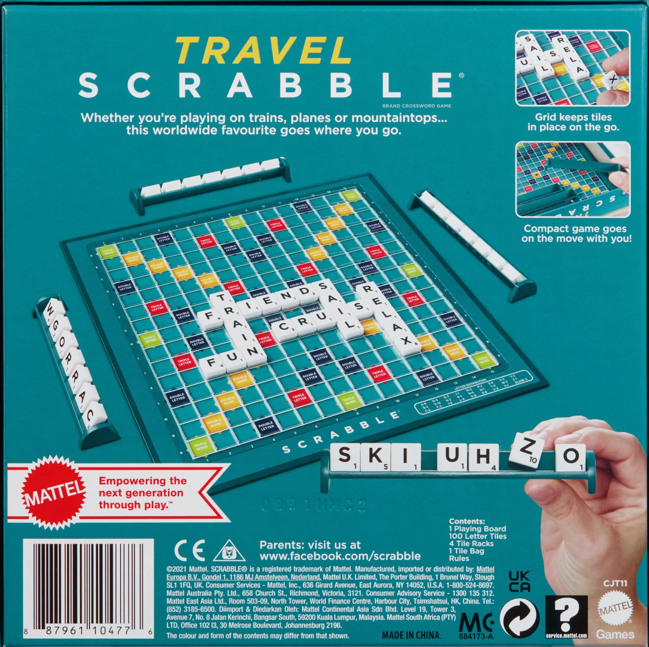 Scrabble Travel Game, Portable and Compact, 2-4 Players, Includes Playing Board, 4 Racks, 100 Letter Tiles, a Tile Bag, and Rules, 10Y+, CJT11(Packaging May Vary)