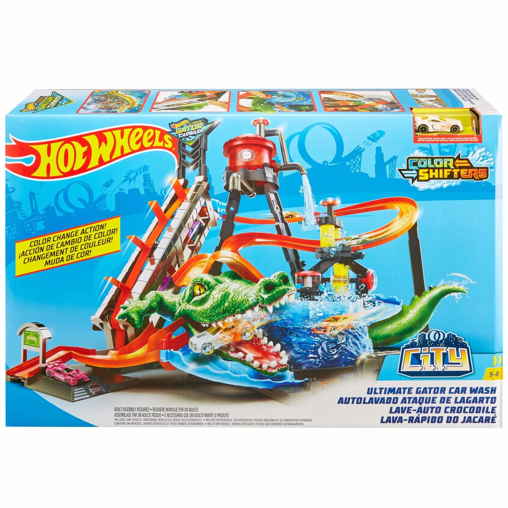 Hot Wheels City Myjnia samochodowa Atak krokodyla Zestaw do zabawy z funkcją zmiany kolorów samochodów Color Shifters, FTB67