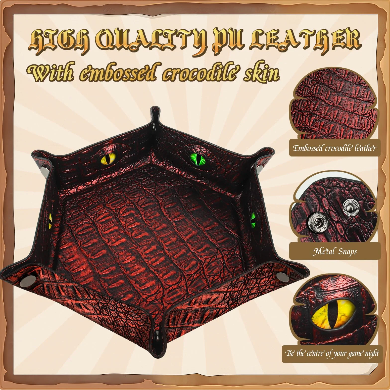 Byhoo Taca na kości DND ze wzorem krokodyla, składana sześciokątna taca do gry w kości, świecące w ciemności oko, idealna do gier RPG, DND i gier stołowych (czerwona)