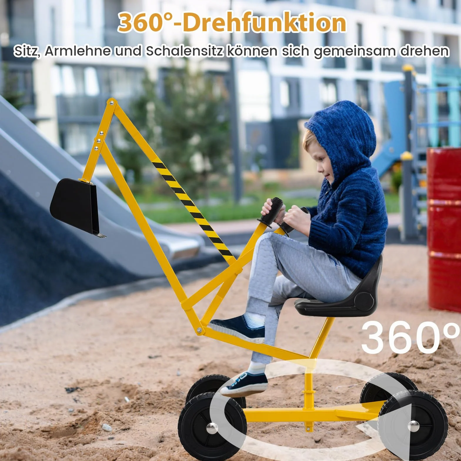COSTWAY Koparka do siedzenia obracana o 360°, koparka z łopatą i kółkami, metalowa dla dzieci od 3 lat