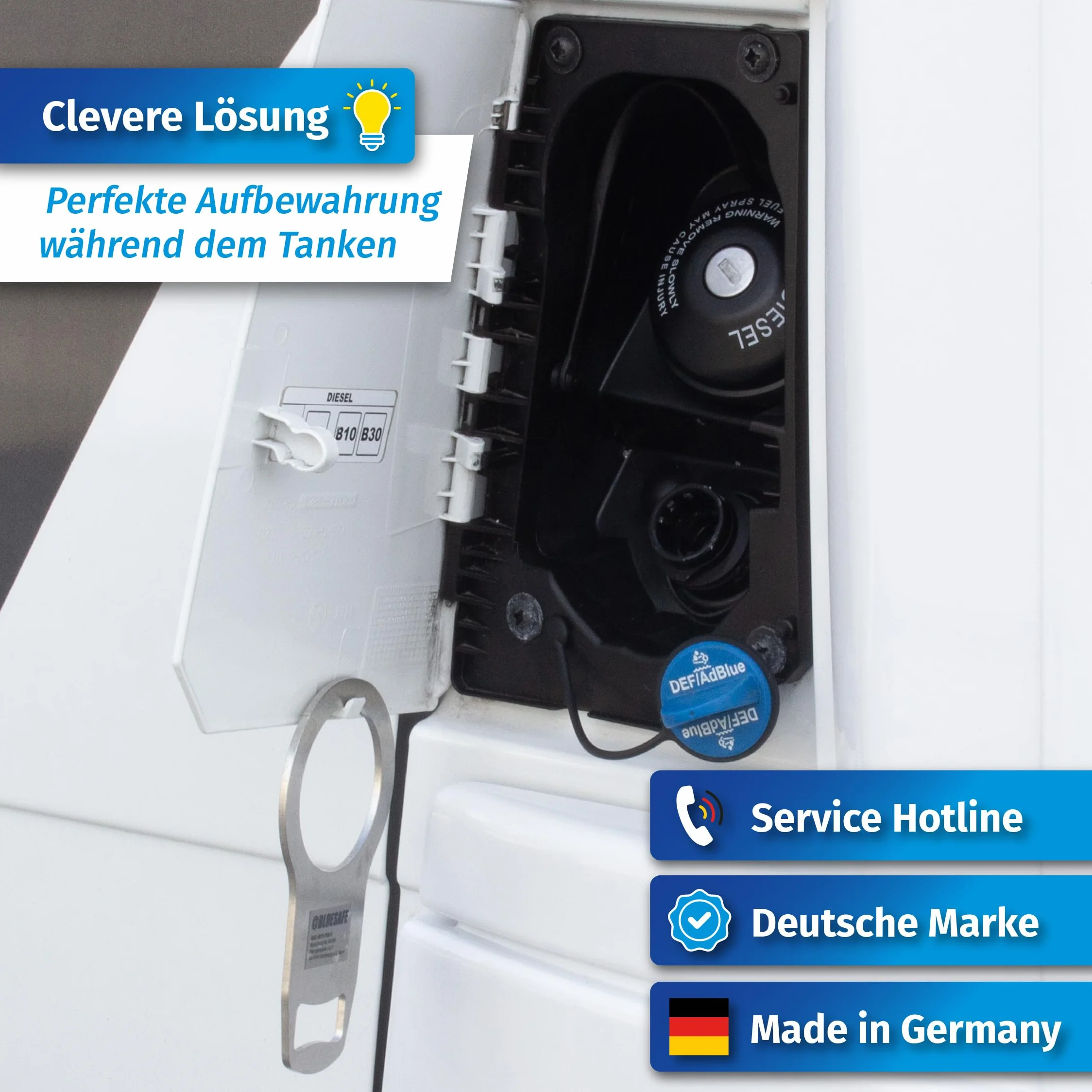 MaJoCompTec® ADBLUESAFE Zabezpieczenie korka wlewu paliwa, zabezpieczenie wlewu paliwa AdBlue, akcesoria do samochodów kempingowych (wersja ze stali nierdzewnej, bezpiecznik Boxer + Jumper + Ducato)