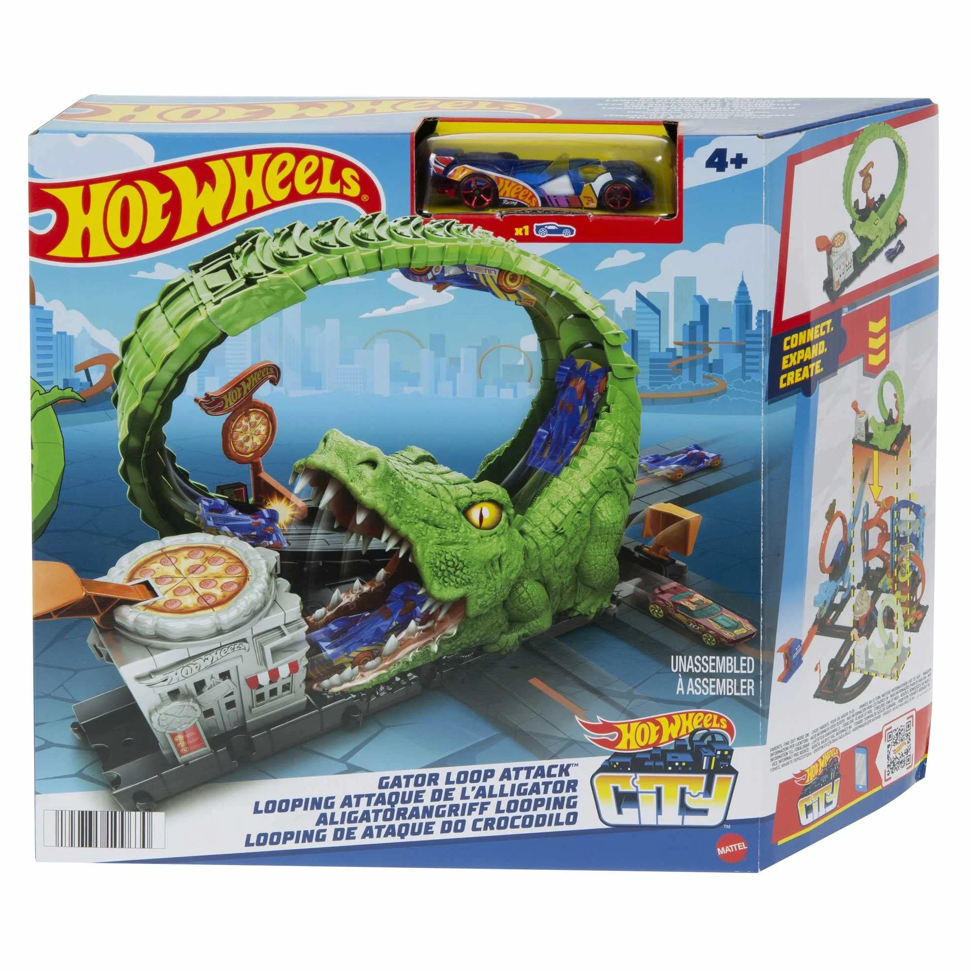 Hot Wheels City Pętla krokodyla Zestaw tematyczny z motywem pizzy, torem łączącym się z innymi zestawami i 1 pojazdem Hot Wheels HKX39