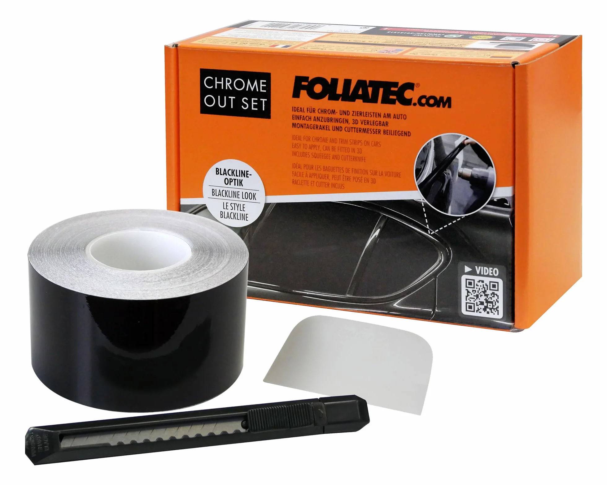 Foliatec Chrome Out zestaw listew ozdobnych do samochodu, paski ozdobne do foliowania chromowanych listew samochodowych, czarne, błyszczące, 15 m x 5 cm