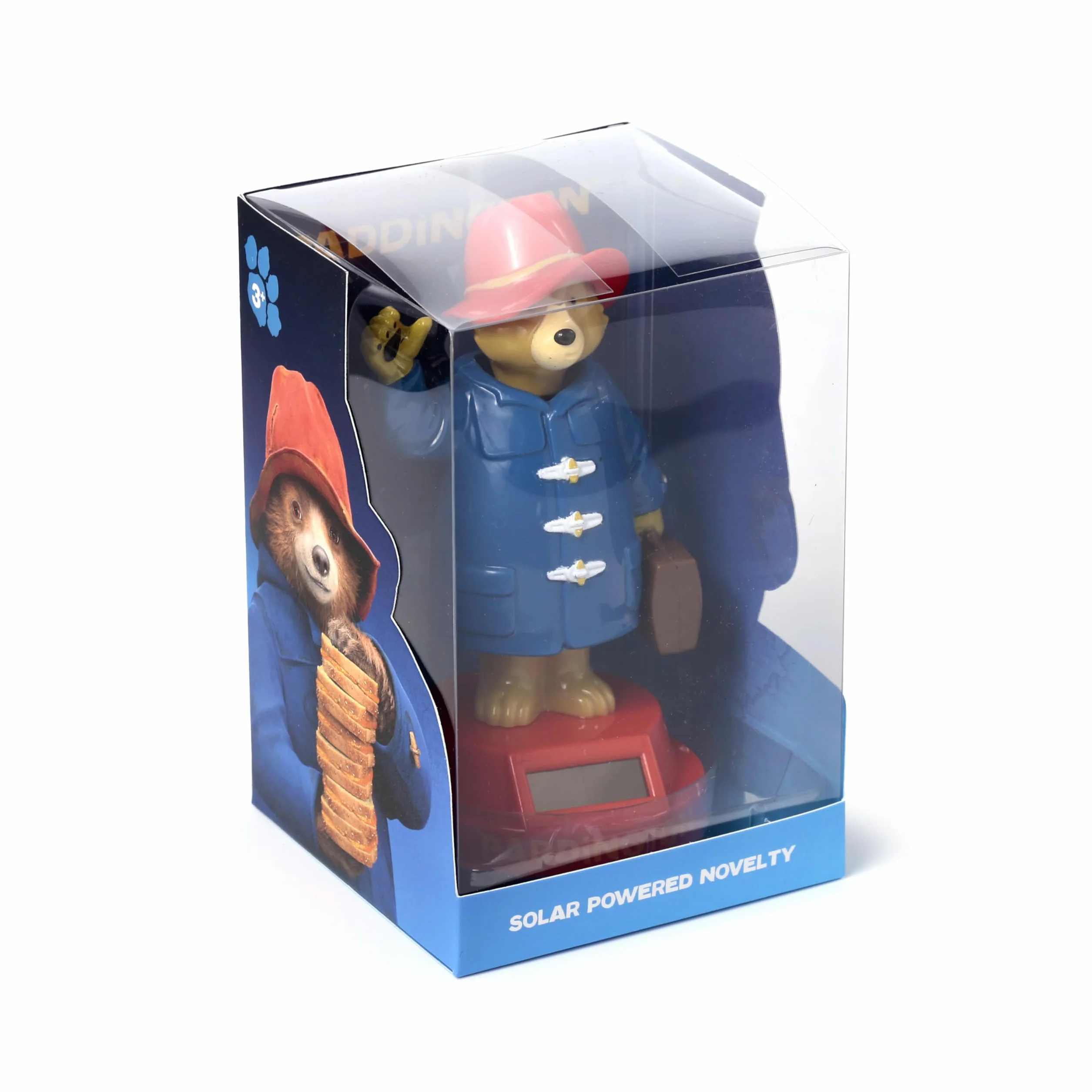 Paddington nied?wied? solarna figurka ko?ysz?ca si?, niebieski p?aszcz, czerwona podstawa